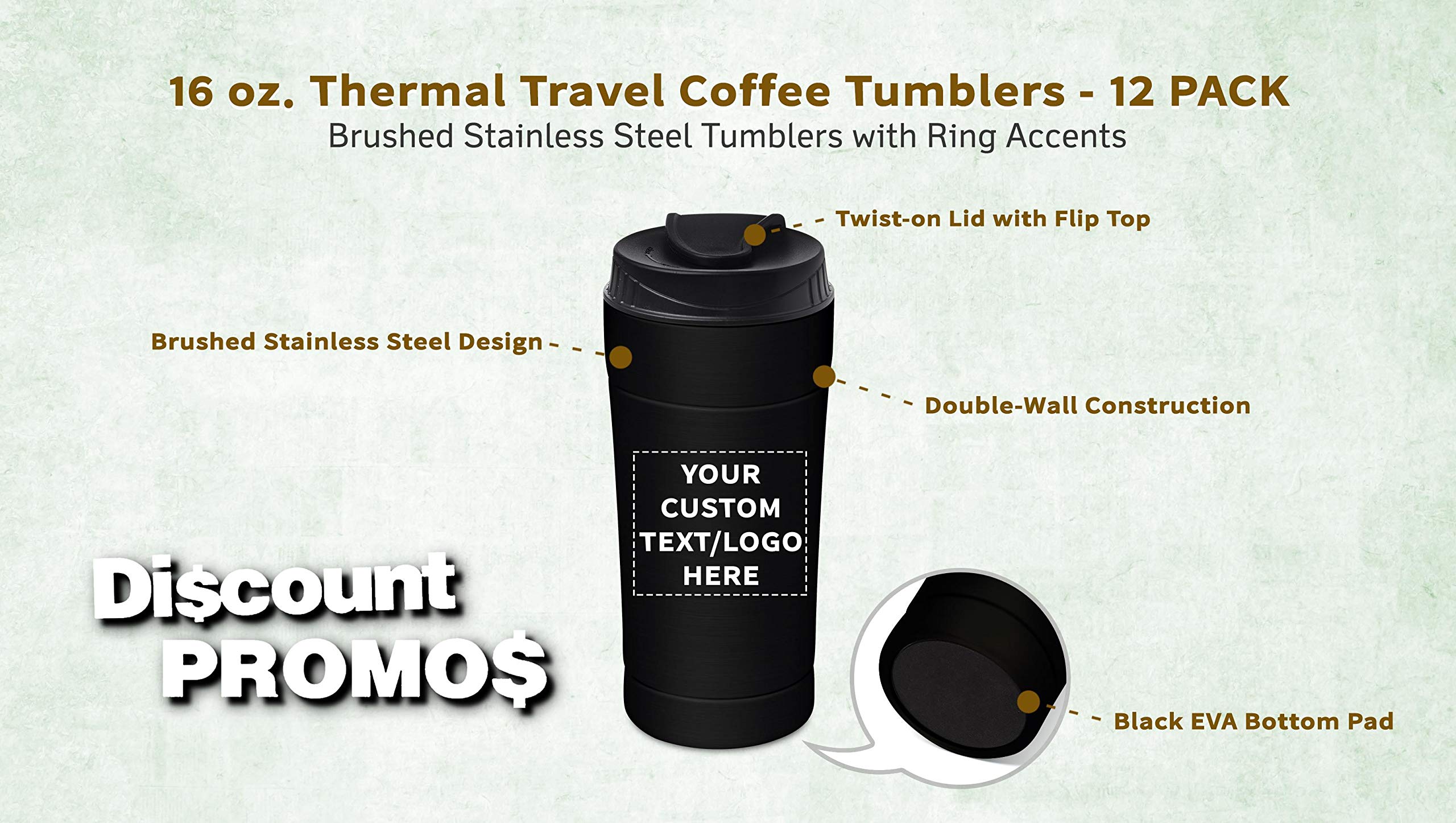 Custom 16oz Insulated Coffee Tumblers with Personalized Text/Logo - 12 Pack Black Travel Mugs - Perfect for Office Gifts, Corporate Events & Outdoor Adventures