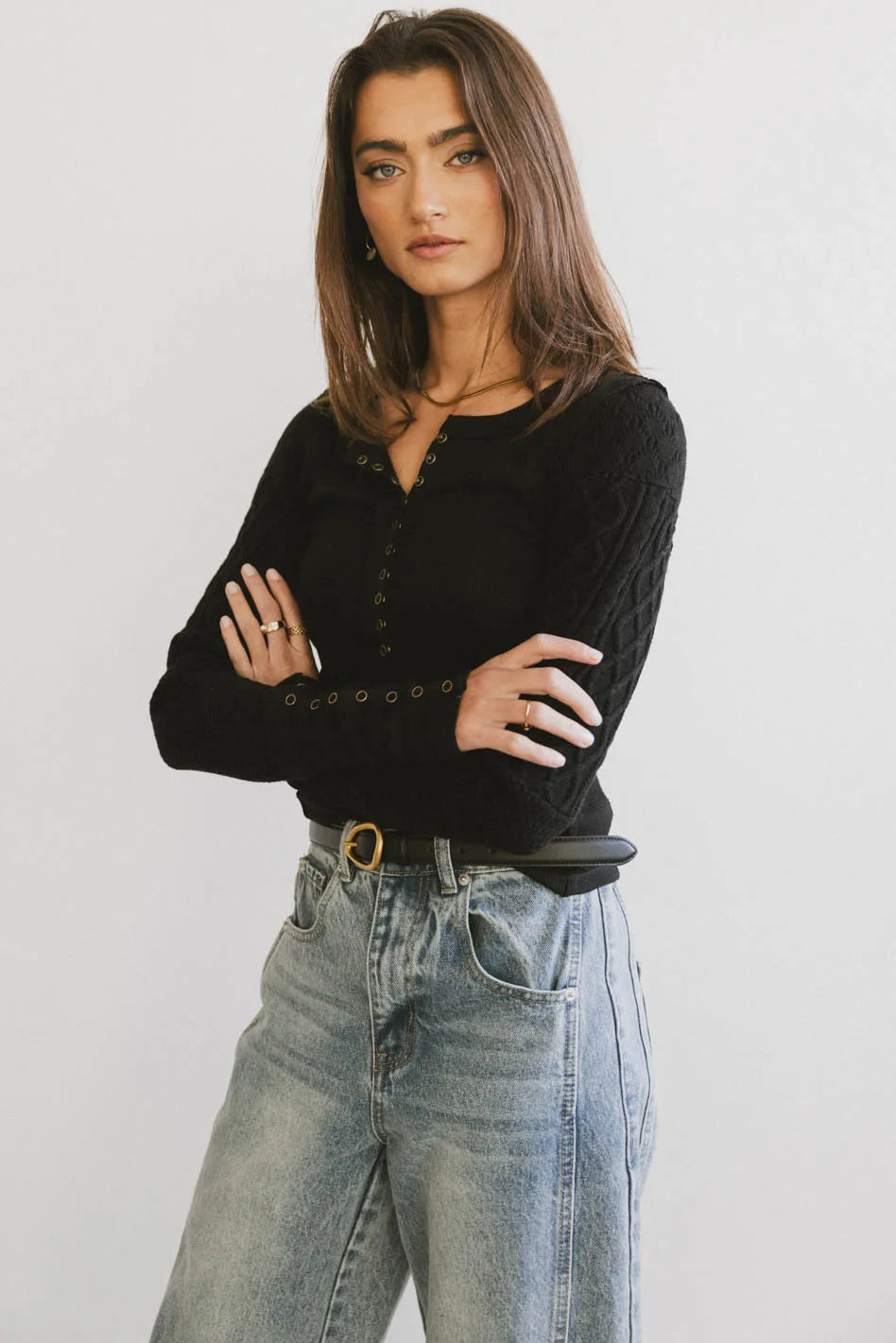 Naomi Cable Knit Sleeve Top - Women's Black Sweater for Fall & Winter | Cozy Casual Wear, Office Outfits, Date Night Fashion