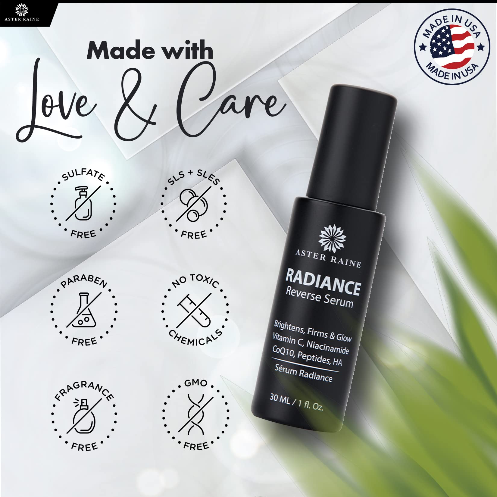 Radiance Reverse Anti-Aging Facial Serum with Vitamin C, Niacinamide, CoQ10, Peptides & Hyaluronic Acid - Dark Spot Corrector & Brightening Serum for Women & Men - Day & Night Skincare for Youthful Glow