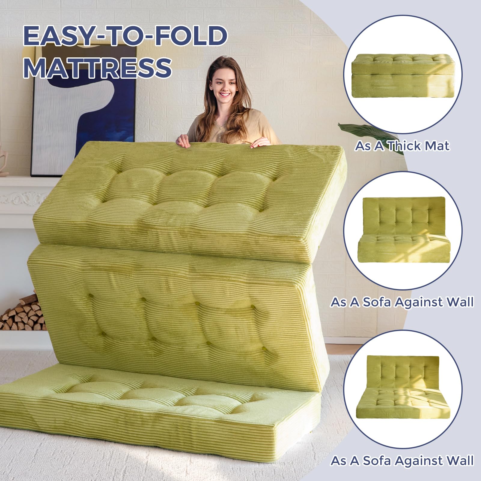 MAXYOYO 6 Inch Tri Fold Mattress - Tufted Full Foam Folding Bed with Durable Corded Fabric in Green | Perfect for Guest Beds, Camping & Small Spaces