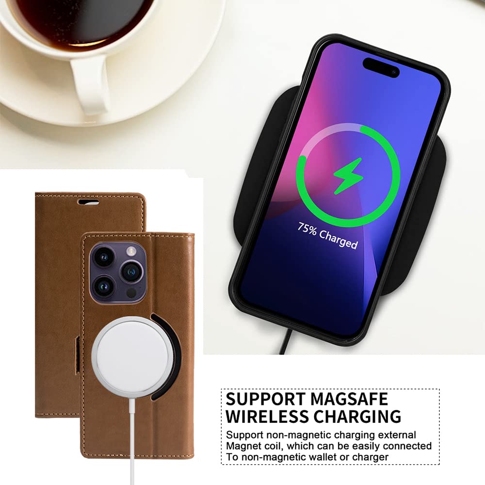 Premium PU Leather Wallet Case for iPhone 14 - Shockproof Protective Cover with RFID Blocking, Card Slots & Magsafe Wireless Charging | Brown Stand Phone Case for Work, Travel & Everyday Use