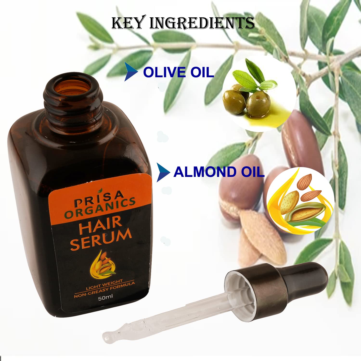 Prisa Organics Hair Serum with Olive Oil & Almond Oil - Silky Smooth Hair Treatment | Frizz Control, Hydration & Straightening | 50ml | Perfect for Daily Styling & Heat Protection