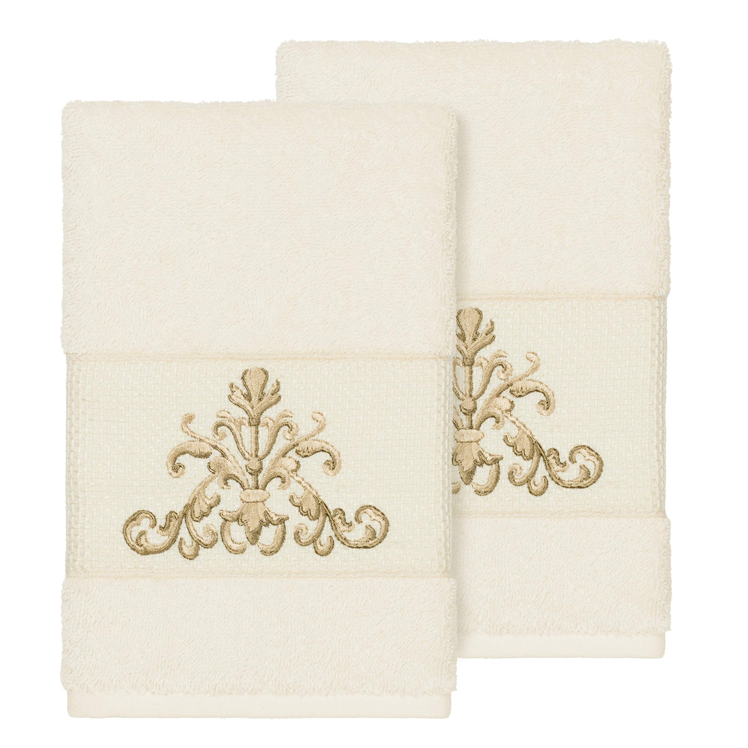 Premium Turkish Cotton Hand Towels Set of 2 - Soft Absorbent Brown Embroidered Bath Towels for Kitchen & Bathroom - Elegant Scrollwork Design for Guest Bathrooms & Luxury Home Decor