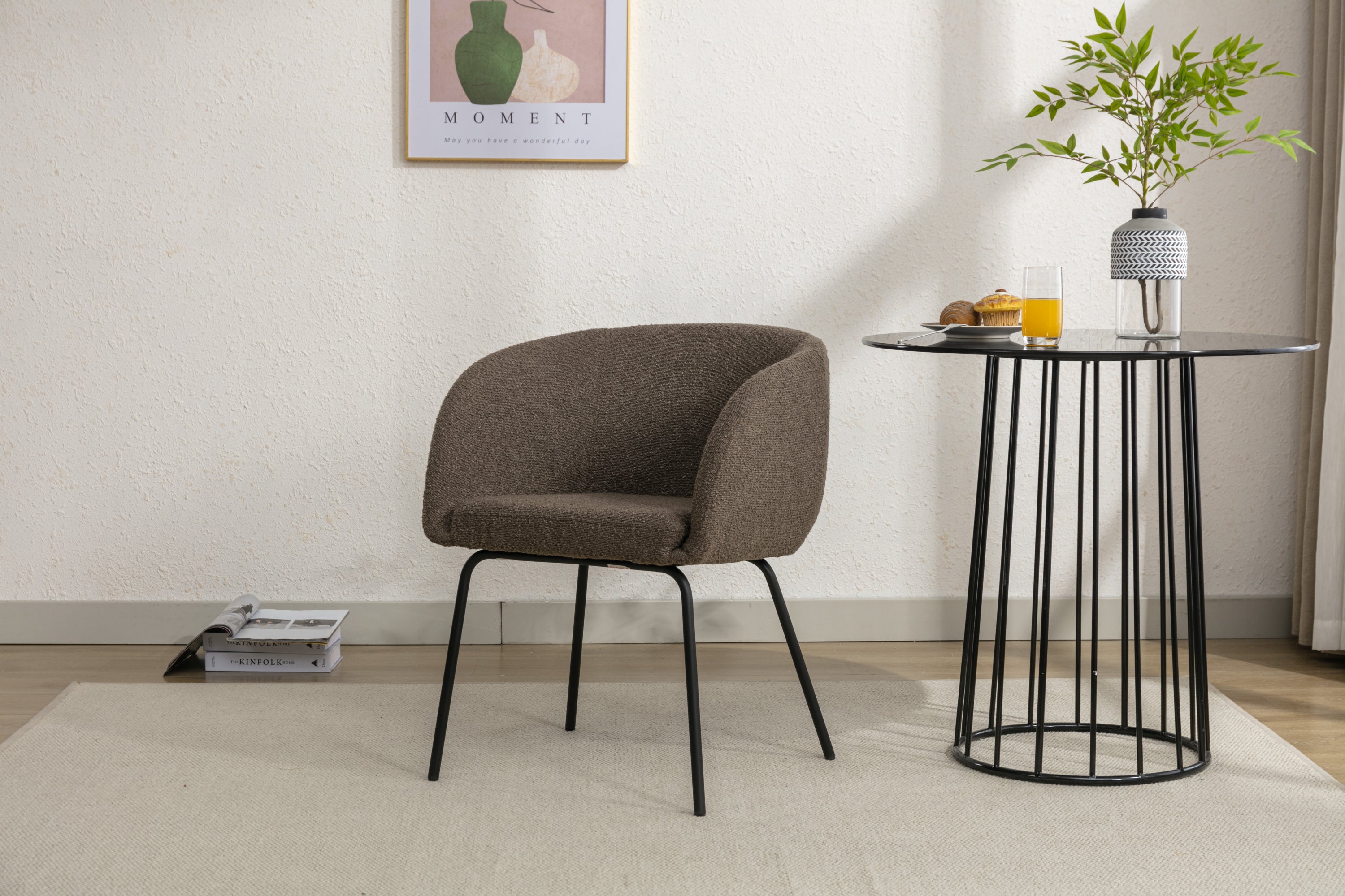 Boucle Fabric Dining Chair with Black Metal Legs - Set of 1 - Modern Upholstered Side Chair for Kitchen, Dining Room & Office