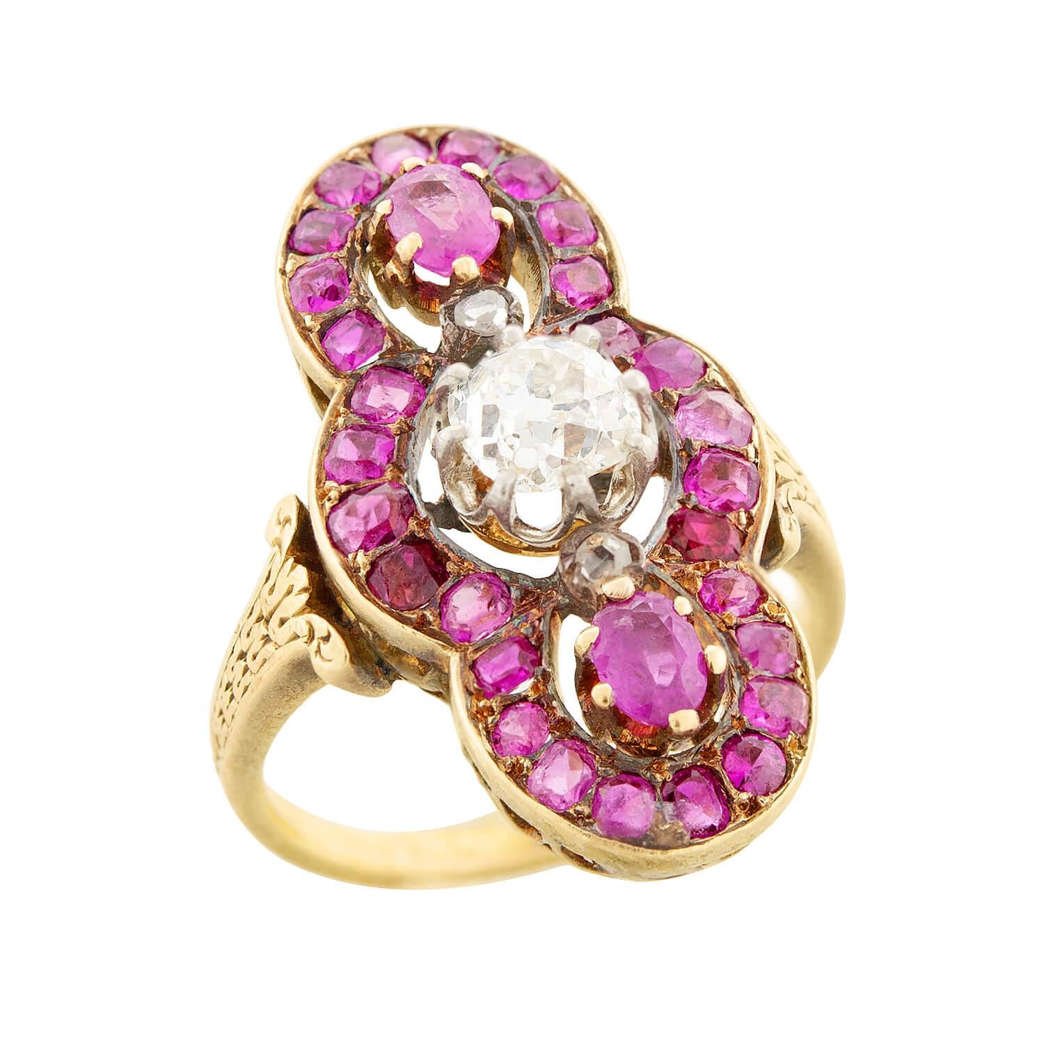 18k Gold Georgian French Ruby and Diamond Navette Ring - Vintage Antique Jewelry for Women, Elegant Gift for Weddings, Anniversaries & Special Occasions