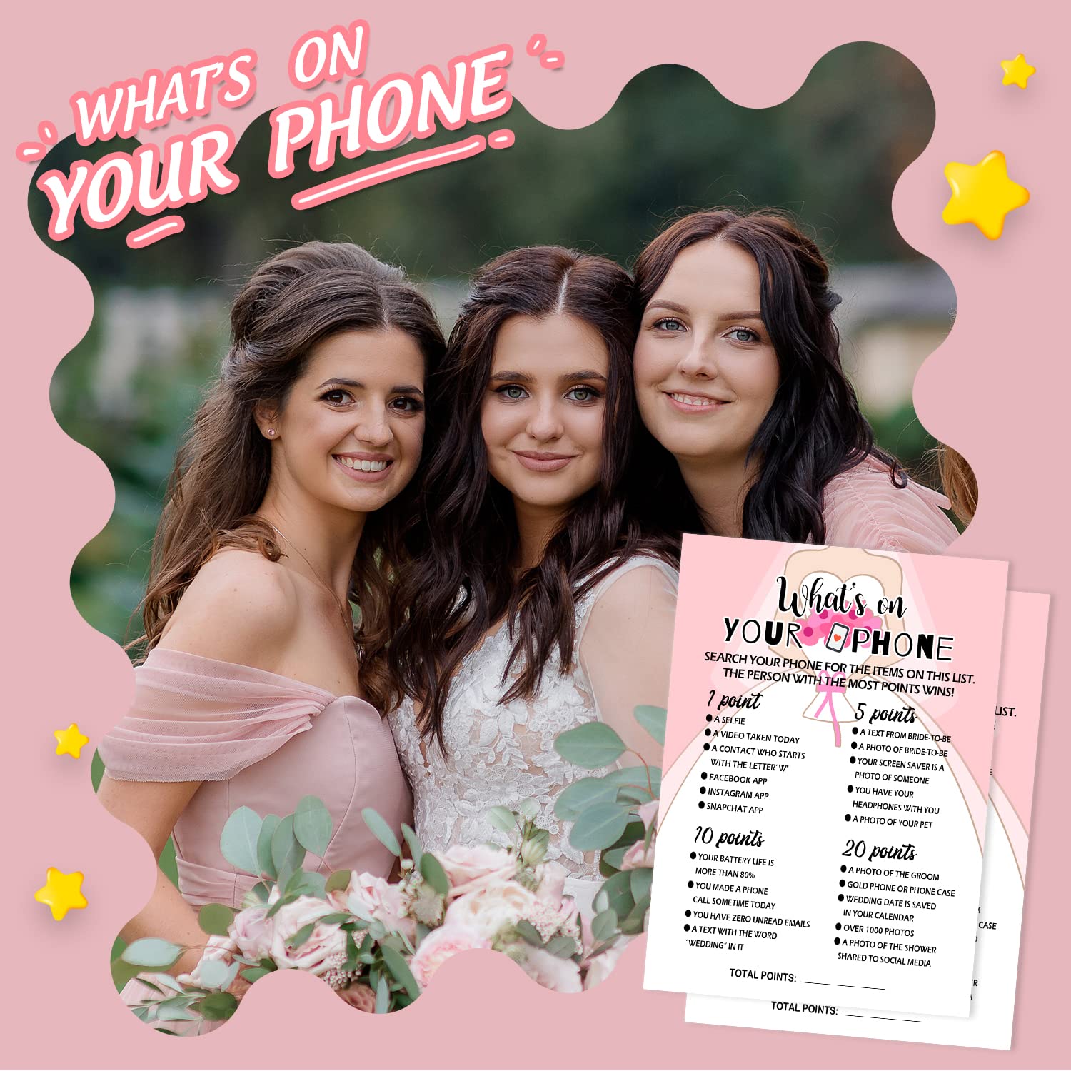 What's On Your Phone - Bridal Shower & Bachelorette Party Game with 20 Cards, Fun Wedding Shower Decorations for Girls' Night & Bridal Party Activities