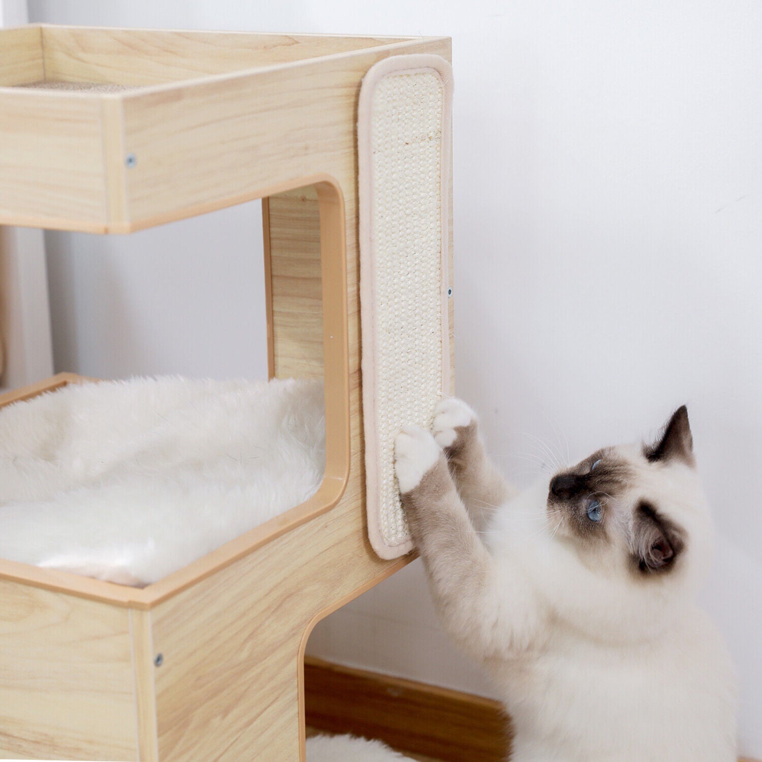 Beige 60cm Cat Bedside Table Condo - Multi-Level Cat Tree with Scratching Post for Small Spaces, Living Room or Bedroom