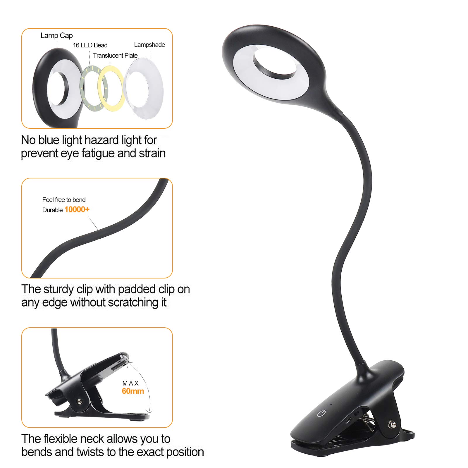 Rechargeable Clip-On Reading Light for Bed - Adjustable 5 Brightness Levels, Flexible Neck, Touch Control Dimmable Desk Lamp, Amber Night Light (Black) - Perfect for Reading in Bed, Studying, or as a Gentle Night Light