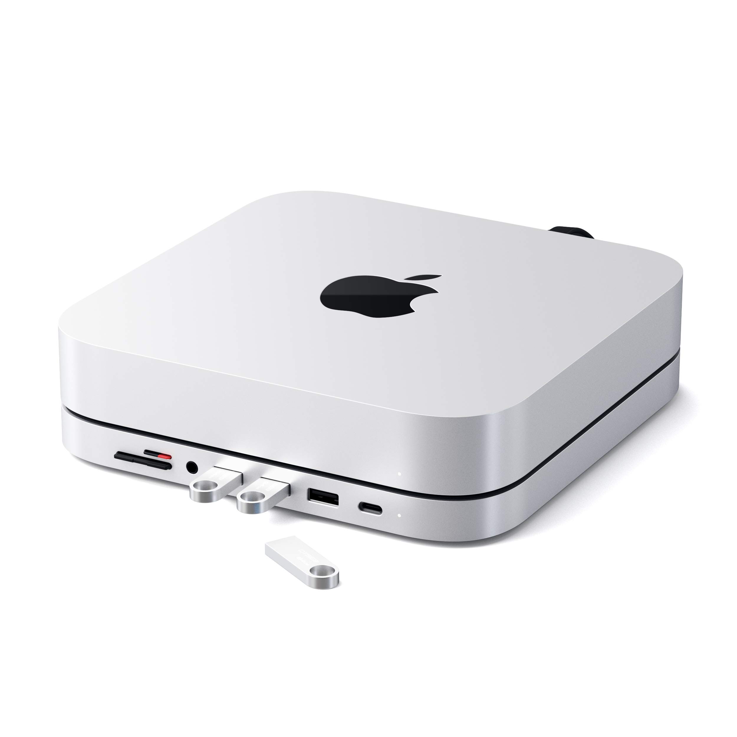 Satechi Aluminum USB C Hub with Stand - 6-in-1 Type C Adapter with USB 3.0 Port, SD/MicroSD Card Readers, 3.5mm Audio Jack - Compatible with Mac Mini M1/M2, Mac Studio, iPad Pro - Perfect for Home Office & Digital Workspace (Silver)