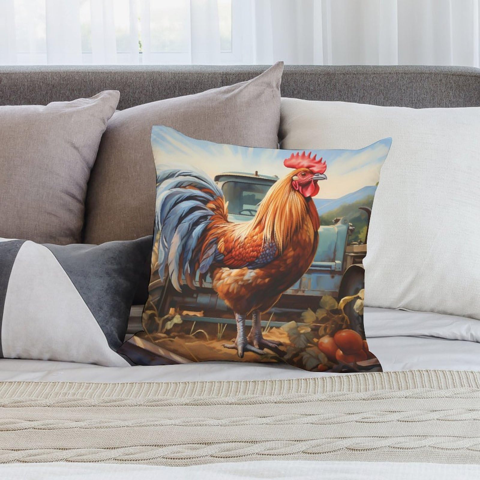 Funny Rooster Throw Pillow Covers - 18x18 Inch Square Decorative Cushion Cases for Sofa, Couch, Living Room & Car - Farmhouse Home Decor & Funny Gift Idea