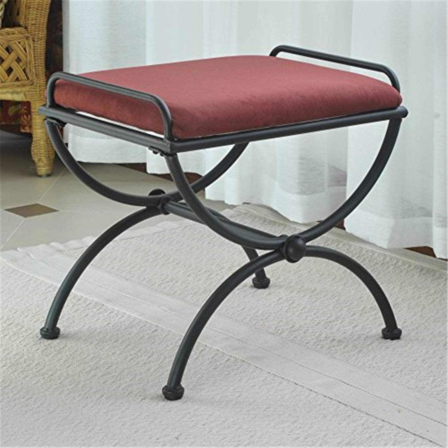 Iron Vanity Stool with Microsuede Cushion - Red Wine Bar Stool for Bedroom, Dressing Room & Makeup Station | International Caravan Home Decor