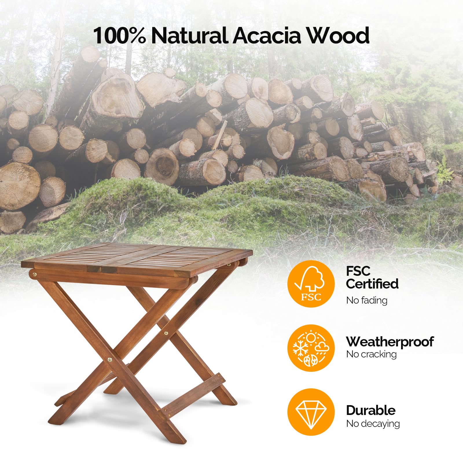 Outvita Outdoor Side Table - Small Acacia Wood Patio Table with Square Folding Frame, Waterproof & Space Saving - Perfect for Patio, Backyard, Balcony, Pool & Porch - Weather Resistant Outdoor Furniture for Relaxing & Entertaining