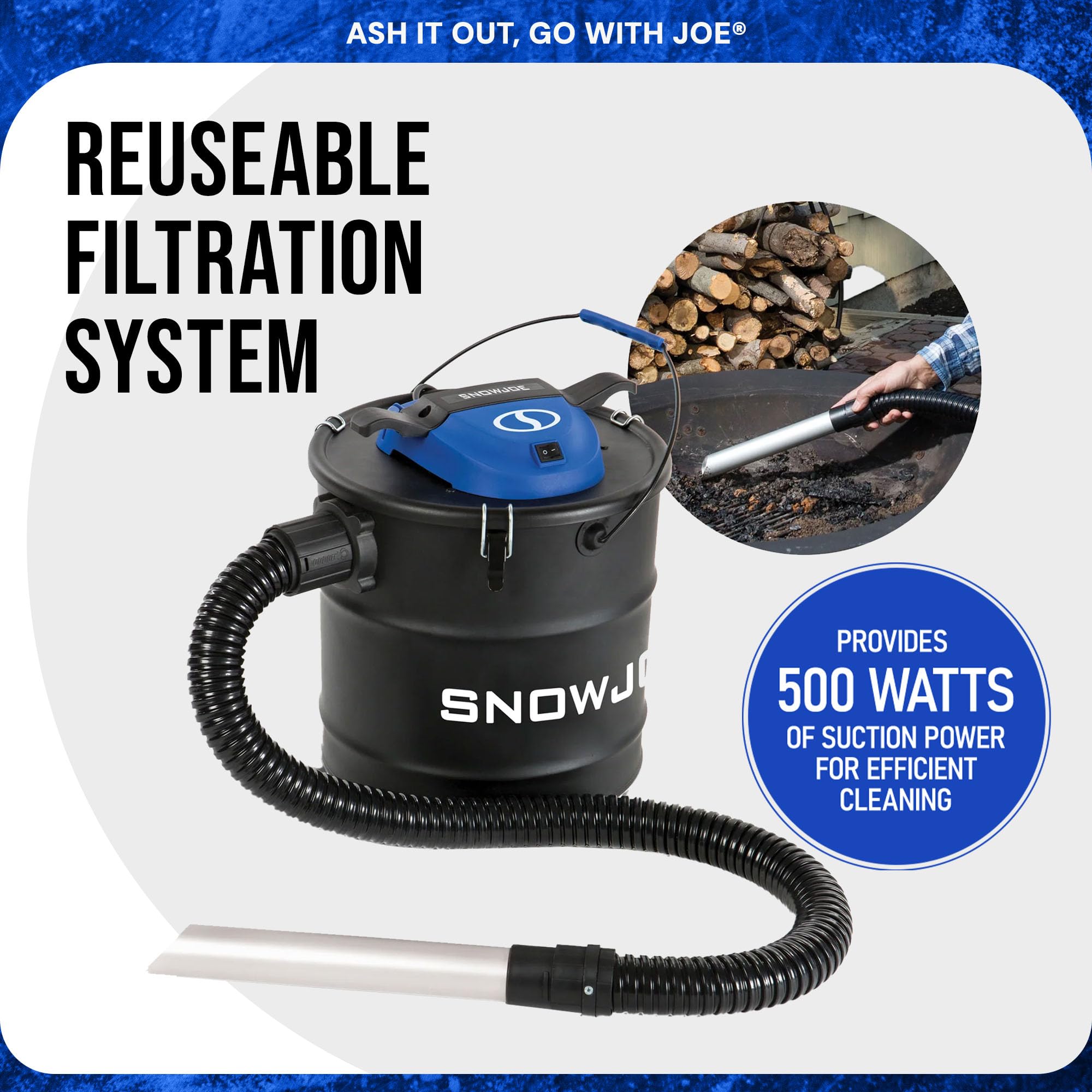Snow Joe ASHJ201 4.8 Gallon Bagless Ash Vacuum Cleaner | Metal Canister Fireplace Cleaner | Black | Ideal for Fireplace, Wood Stove & BBQ Grill Ash Removal