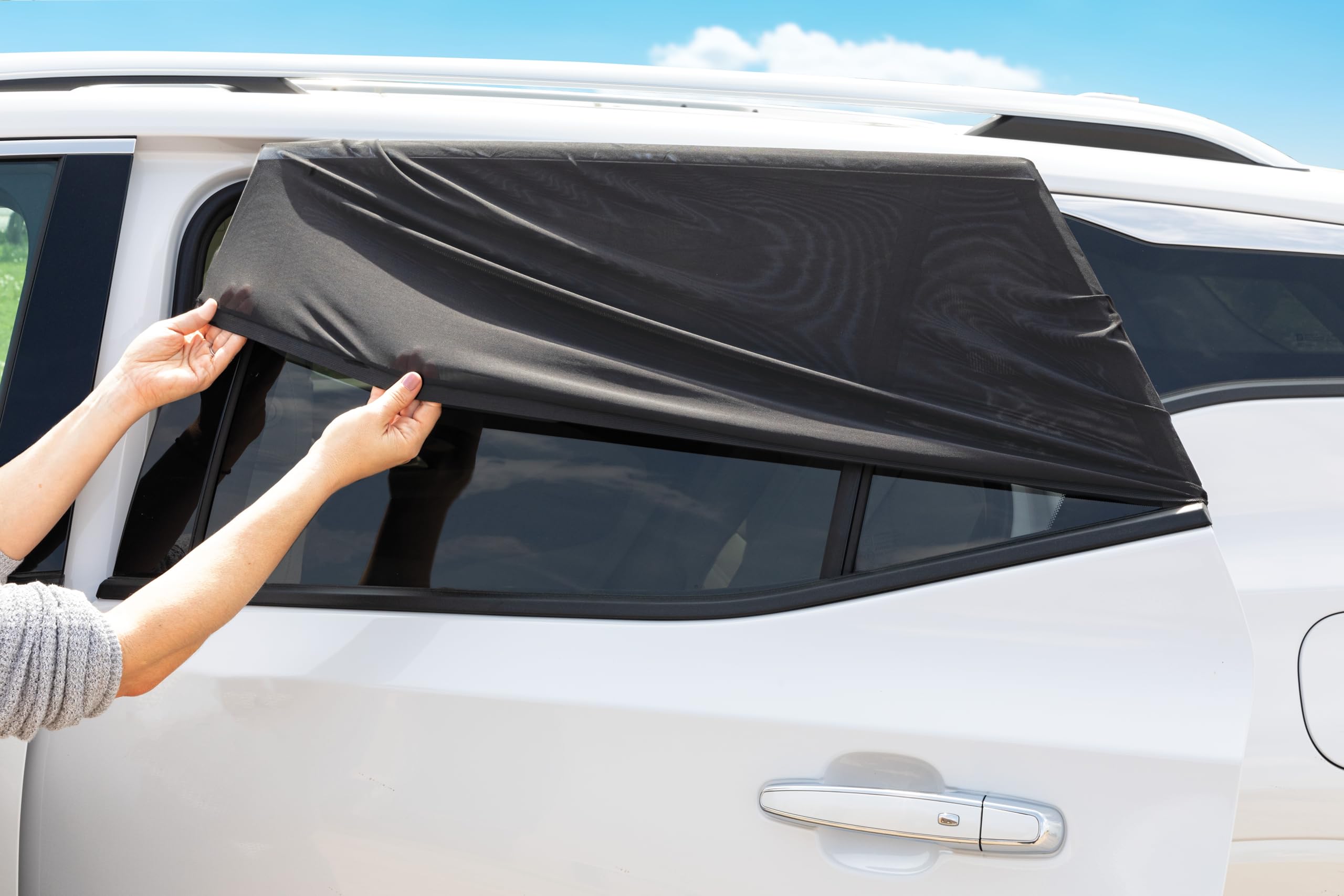 Nuby 2-Pack Car Seat Sunshade for Baby | Breathable Mesh Window Shade Blocks UV Rays & Bugs | Keeps Car Cool with Fresh Air Flow | Perfect for Road Trips & Summer Driving (Black)