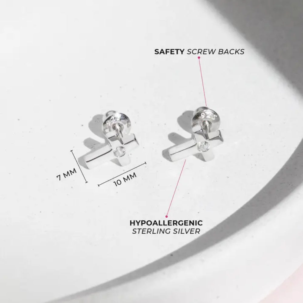 Kids' Sterling Silver & CZ Classic Cross Stud Earrings - Hypoallergenic, Durable & Stylish for Girls' First Communion, Baptism & Everyday Wear