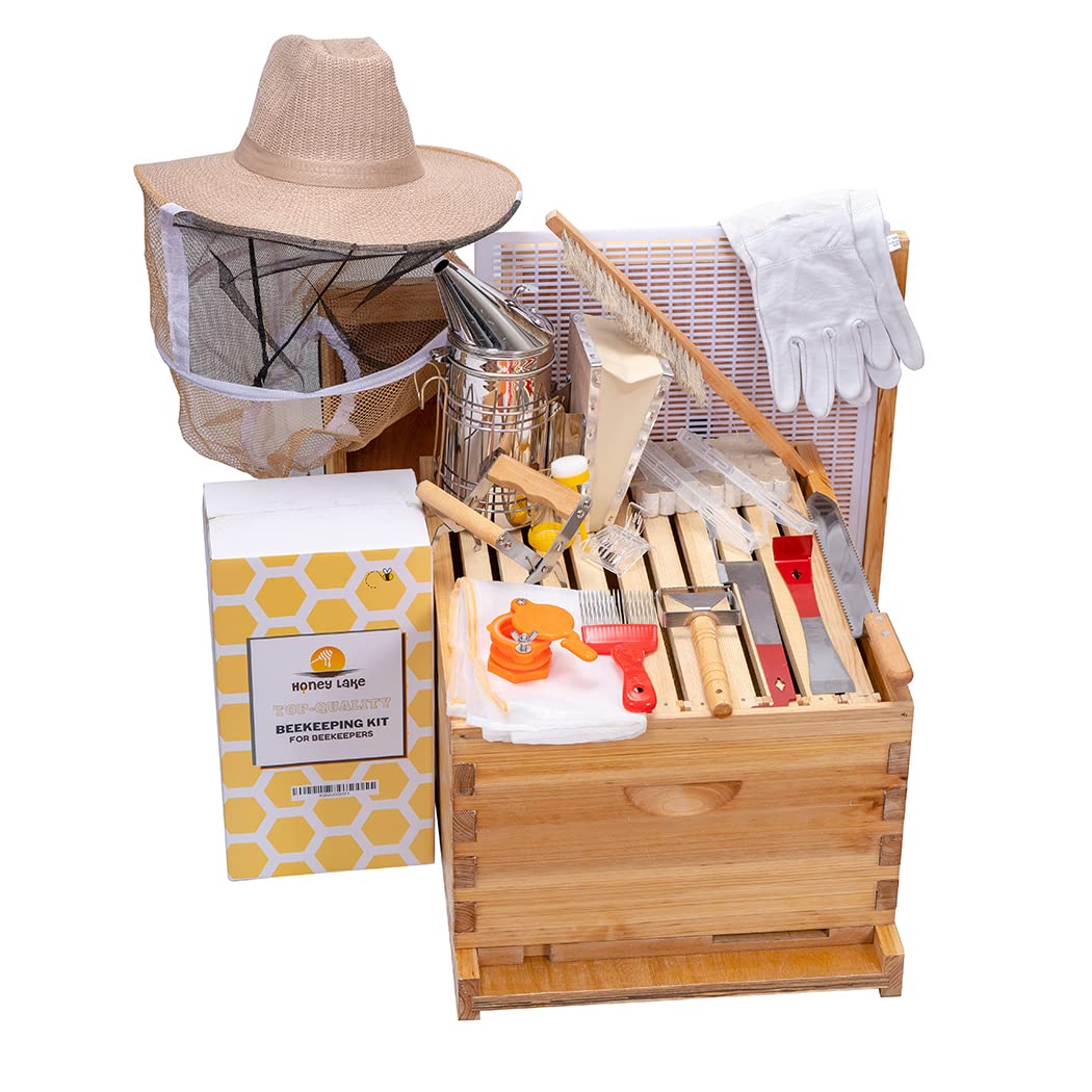 10-Frame Bee Hive Starter Kit with Beeswax Coating - Complete Beekeeping Supplies Set Including Bee Hat Veil & Tools | Honey Lake Premium Beehive for Beginners | Backyard Beekeeping, Honey Production, Pollinator Garden Support