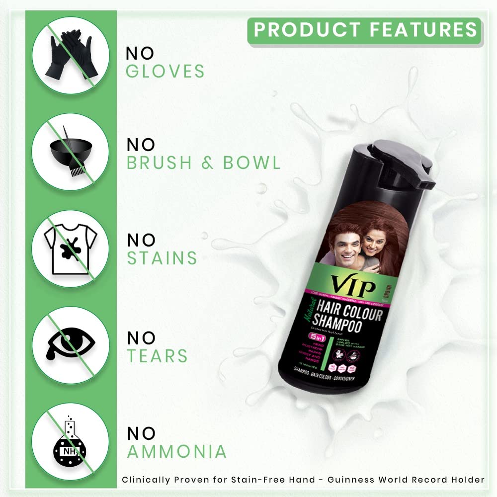 VIP Brown Hair Color Shampoo 180ml - Quick Gray Coverage in 15 Minutes for Women & Men | Natural Hair Dye Alternative | At-Home Salon Quality Hair Coloring | Perfect for Touch-Ups, Root Coverage & Daily Hair Care
