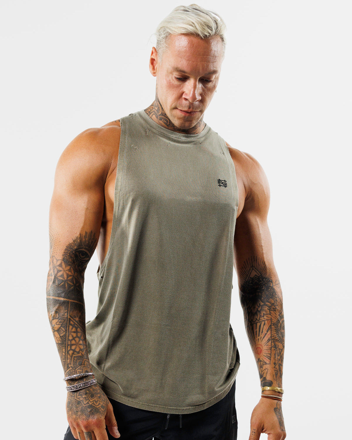 Men's Moto Distressed Muscle Tank Top - Olive Green | Vintage Biker Style Workout & Gym Shirt for Casual Wear & Street Fashion