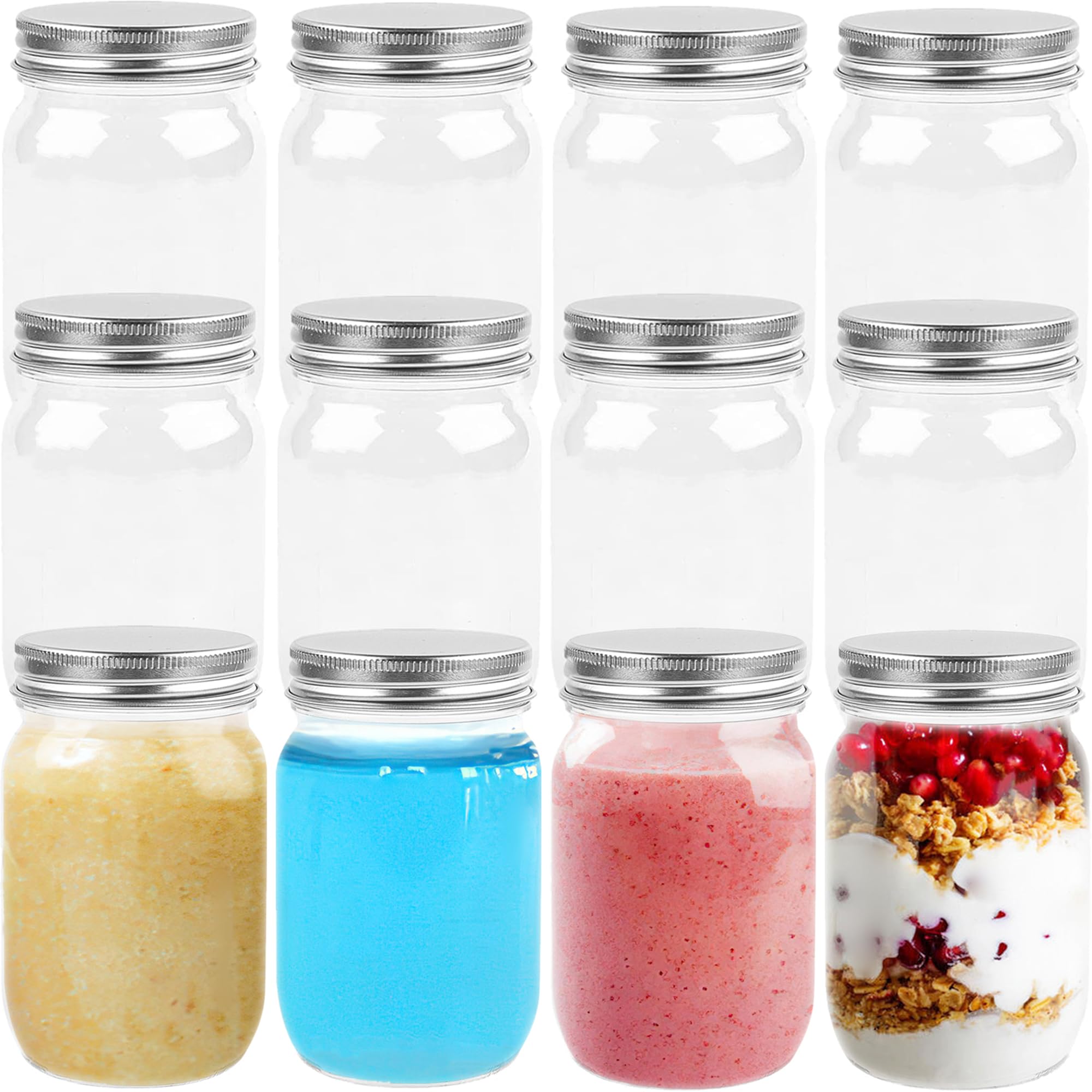 TUZAZO 12-Pack 8oz Clear Plastic Mason Jars with Screw-On Lids - BPA Free Refillable Round Containers for Slime, Spices, Candles & DIY Crafts - Perfect for Kitchen Pantry, Bathroom & Craft Room Organization
