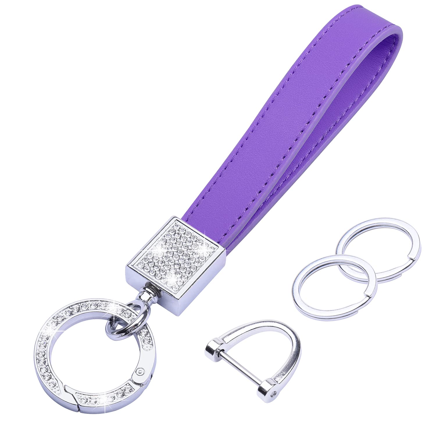 Wisdompro Bling Leather Car Keychain for Women - Genuine Leather Key FOB with Anti-Lost D-Ring & 2 Keyrings - Universal Key Holder for Car Keys (Purple) - Perfect Gift for Her, Birthday, Anniversary & Everyday Use