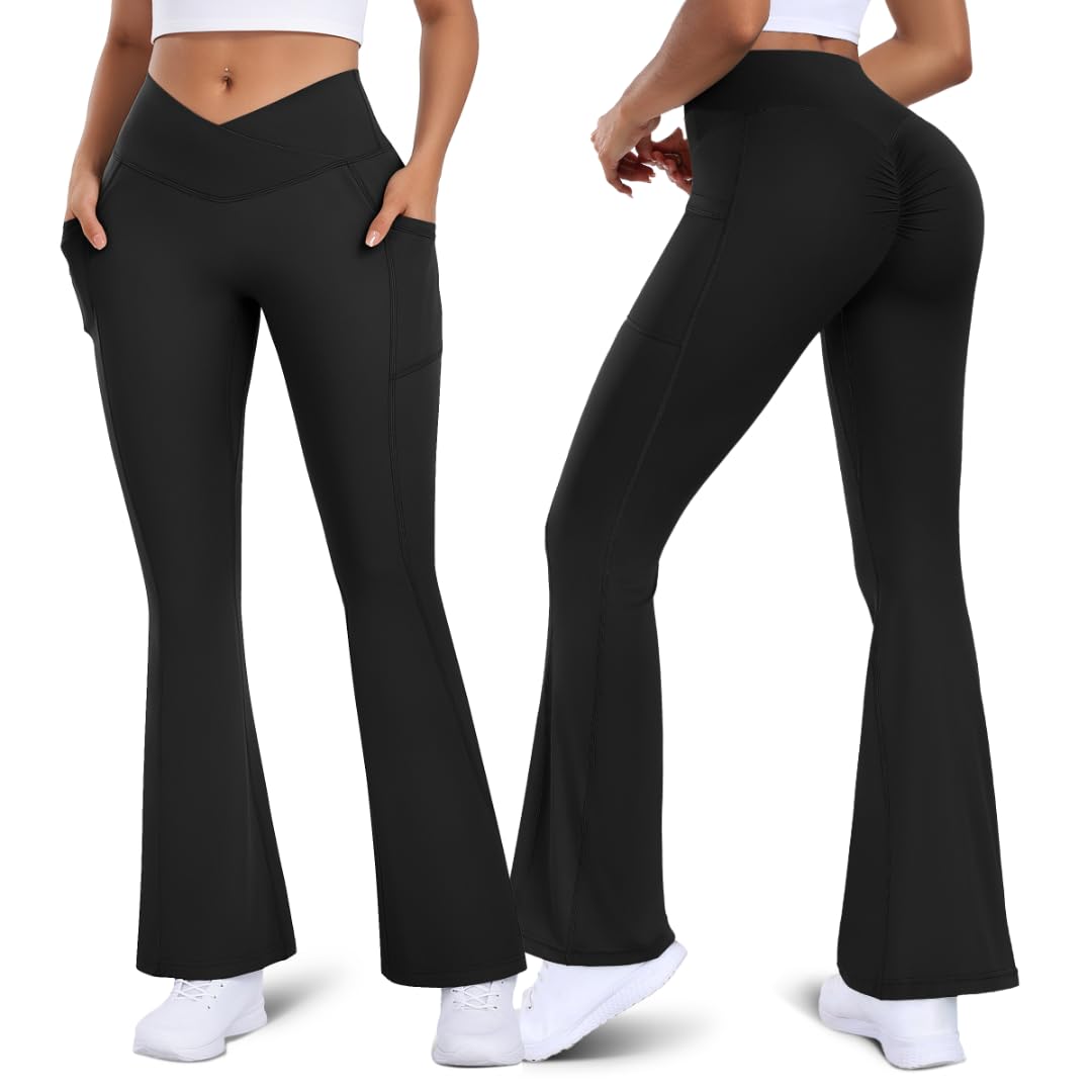 Vertvie Women's Flare Leggings - Scrunch Butt Yoga Pants with Pockets, V-Crossover Design for Workout, Gym & Yoga | Bell Bottom Fitness Leggings for Running, Lifting & Everyday Wear