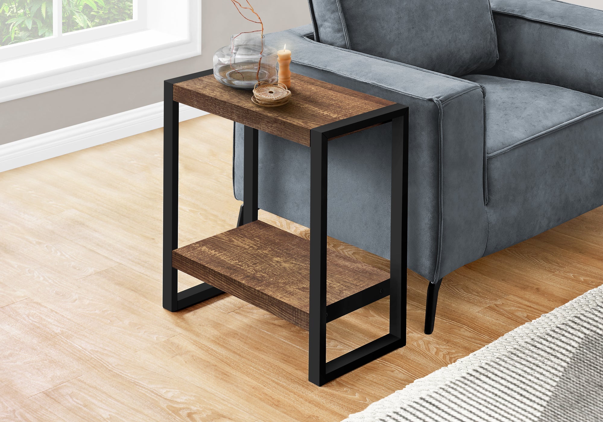 Rustic Brown Reclaimed Wood Look Accent Table with Black Metal Frame - Perfect for Living Room, Bedroom, or Entryway Decor