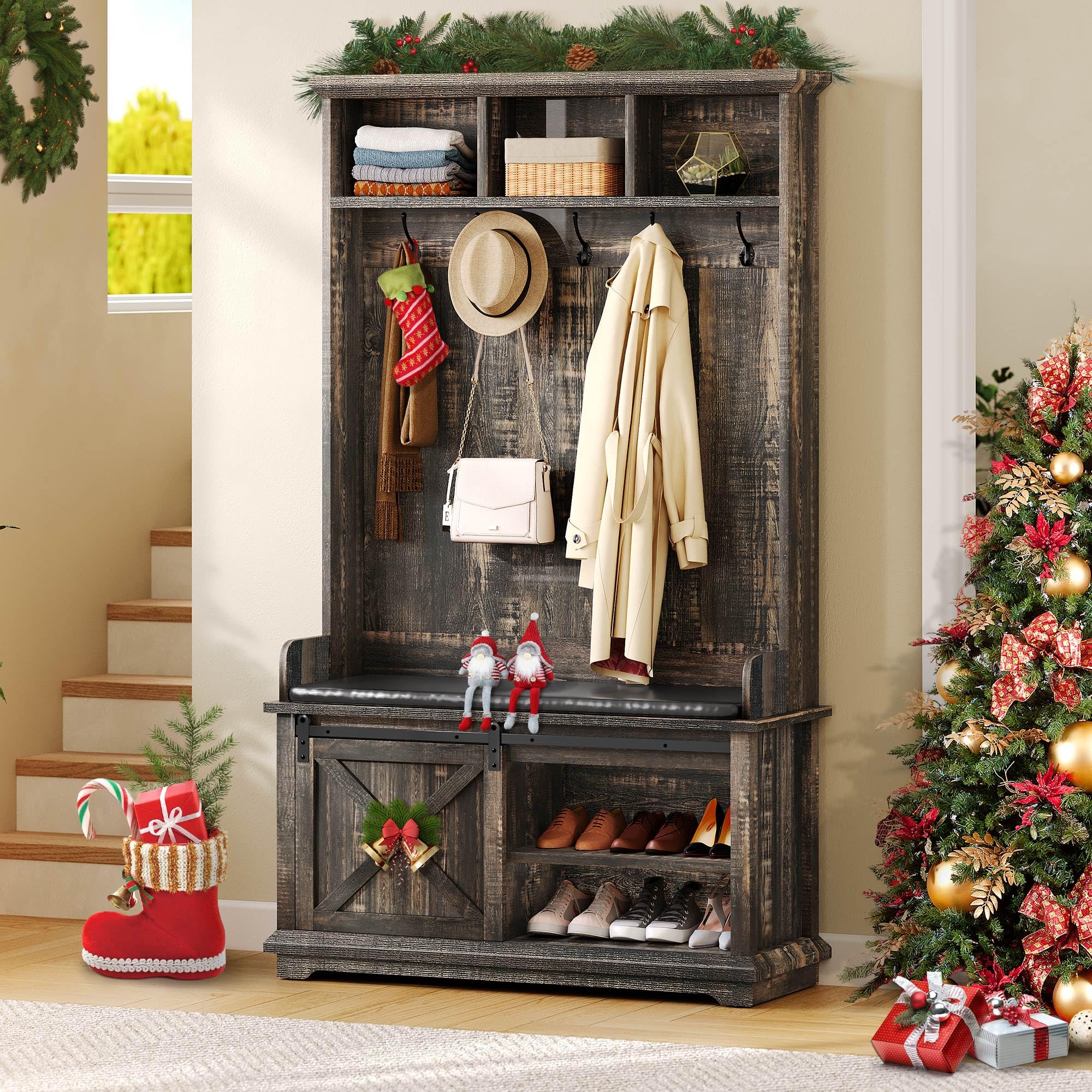 YITAHOME Hall Tree with Shoe Bench & Coat Rack - Rustic Oak Entryway Organizer with Storage Cabinet | Perfect for Hallway, Bedroom & Living Room | Space-Saving Furniture for Small Homes & Apartments