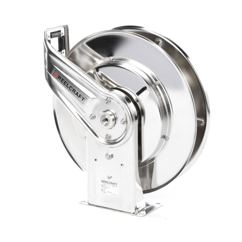 Reelcraft 7800 OLS Spring Retractable Stainless Steel Hose Reel - 50 Foot Heavy Duty Air & Water Hose Reel for Garage, Workshop, and Industrial Use (Hose Not Included)