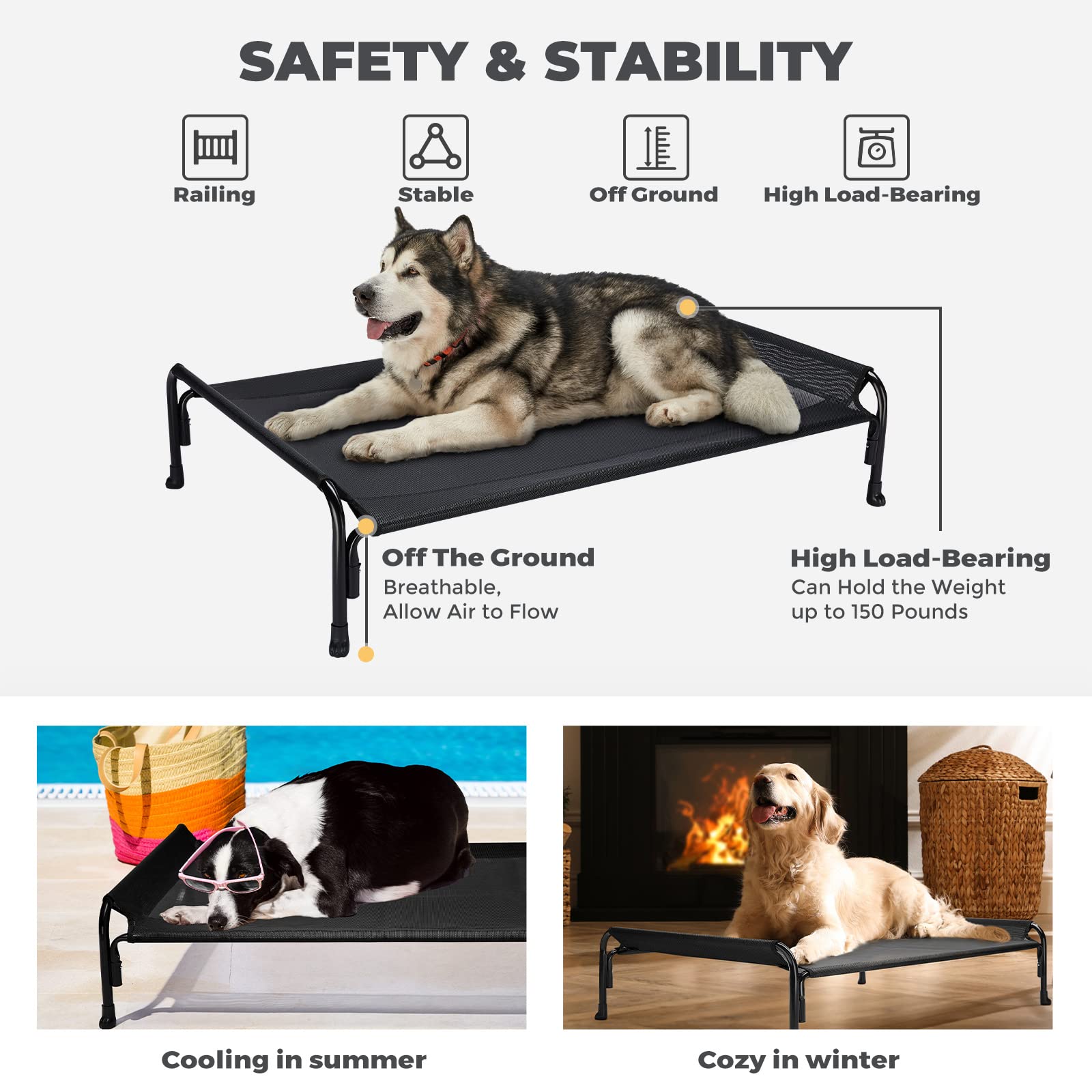 **Veehoo Elevated Cooling Dog Bed for Large Dogs - Breathable Washable Raised Pet Cot with Slope Headrest - Indoor & Outdoor Use for Camping, Patio, Backyard - Large Size in Black (CWC2204)**