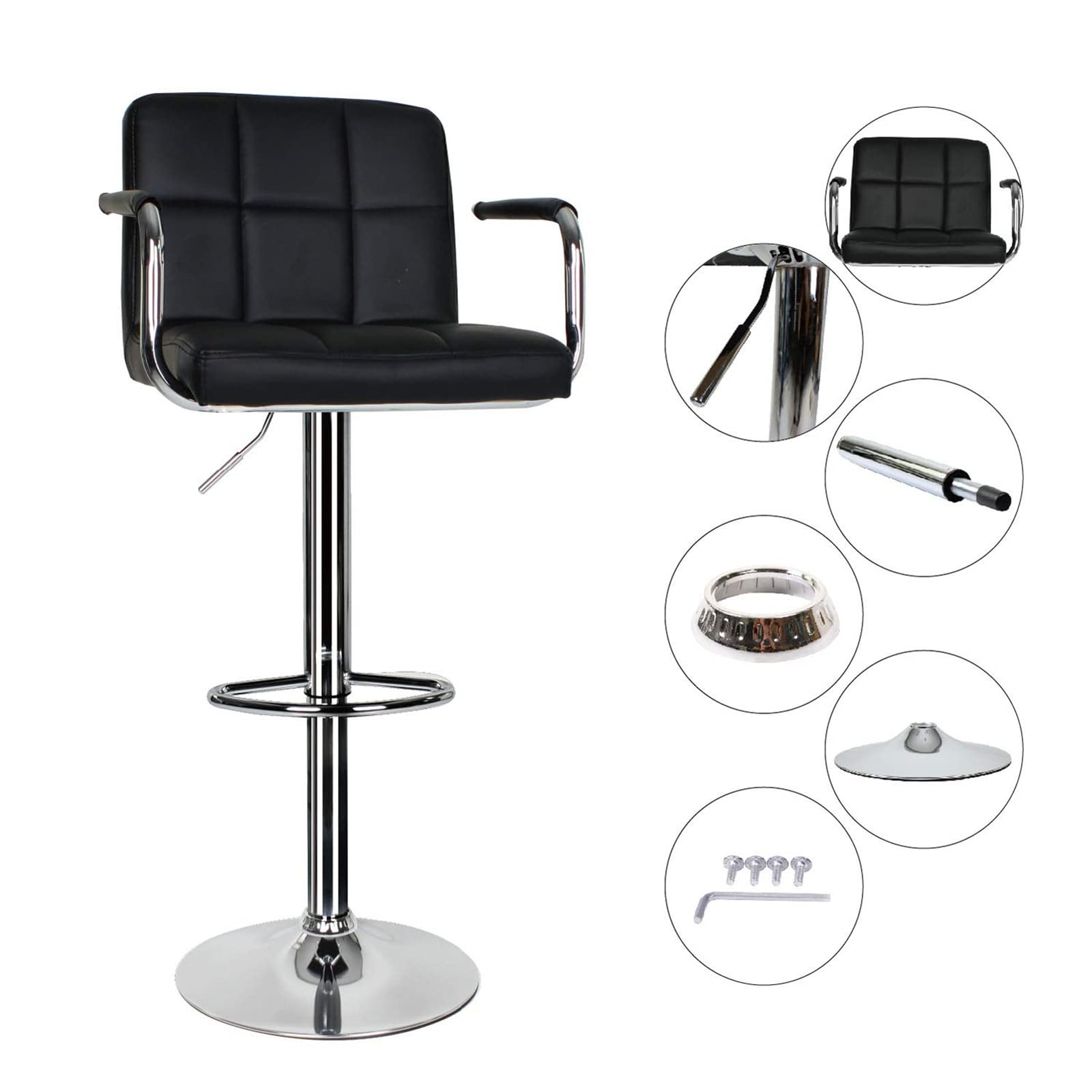 EUCO Set of 2 Swivel Bar Stools with Armrests & Back Support - Adjustable Height Leather Kitchen Stools for Breakfast Bar, Counter or Island - Perfect for Home Kitchen, Dining Room & Entertainment Areas