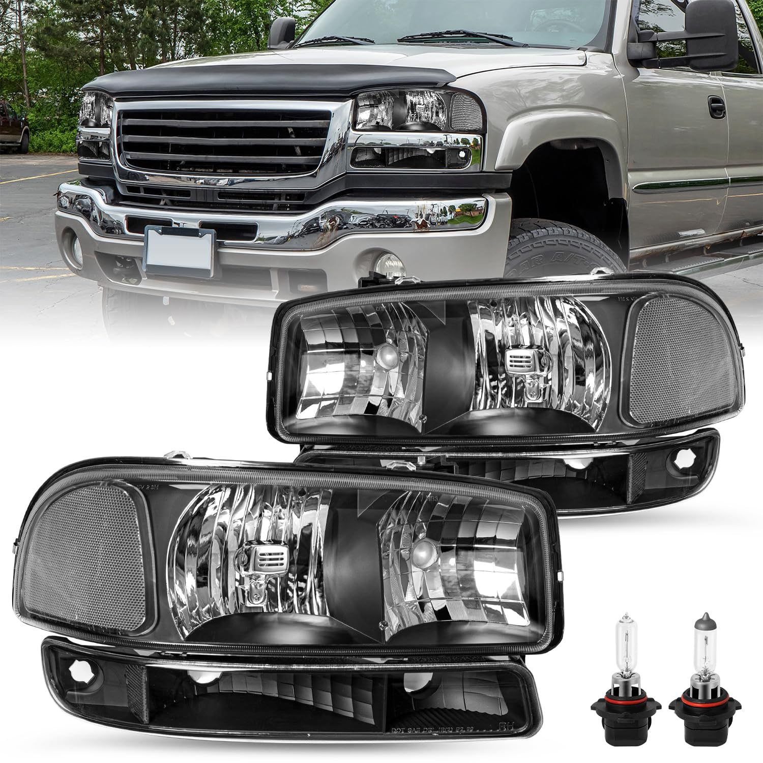 JSBOYAT 4-Piece Headlight Assembly Replacement Kit for 1999-2006 GMC Sierra 1500/2500/3500 & Yukon/Yukon XL - Includes Bulbs & Bumper Light (Excludes Denali Models) - Perfect for Night Driving & Off-Road Adventures