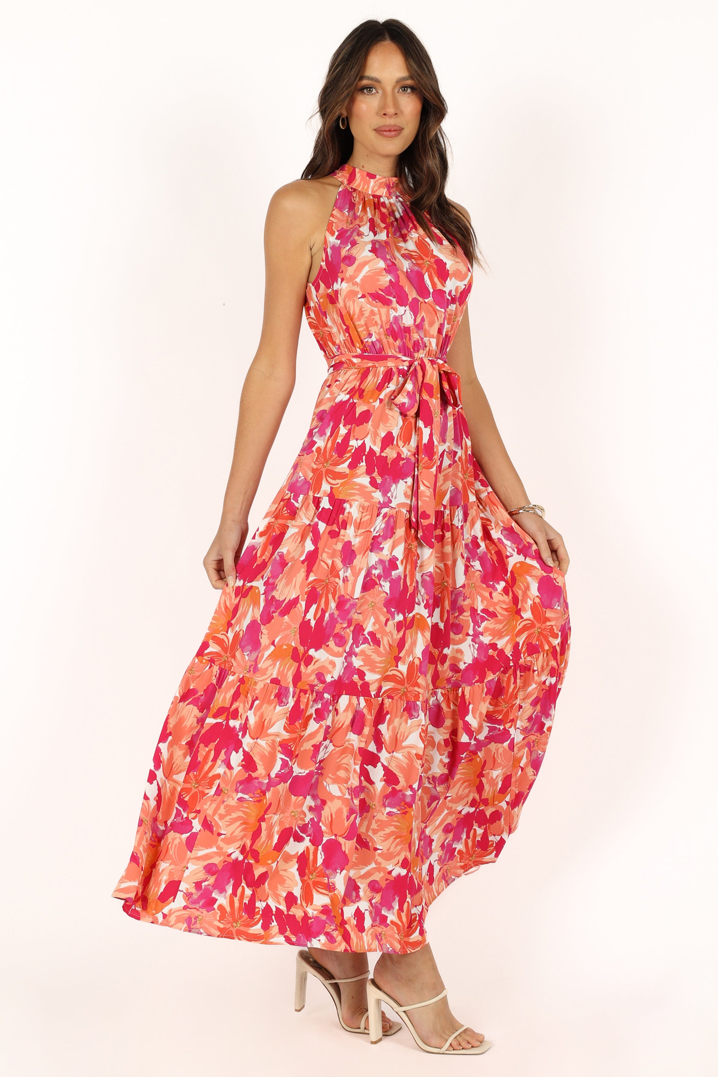 Caroline Maxi Halter Dress in Red Orange - Elegant Summer Beachwear for Women | Perfect for Vacations, Weddings & Outdoor Events