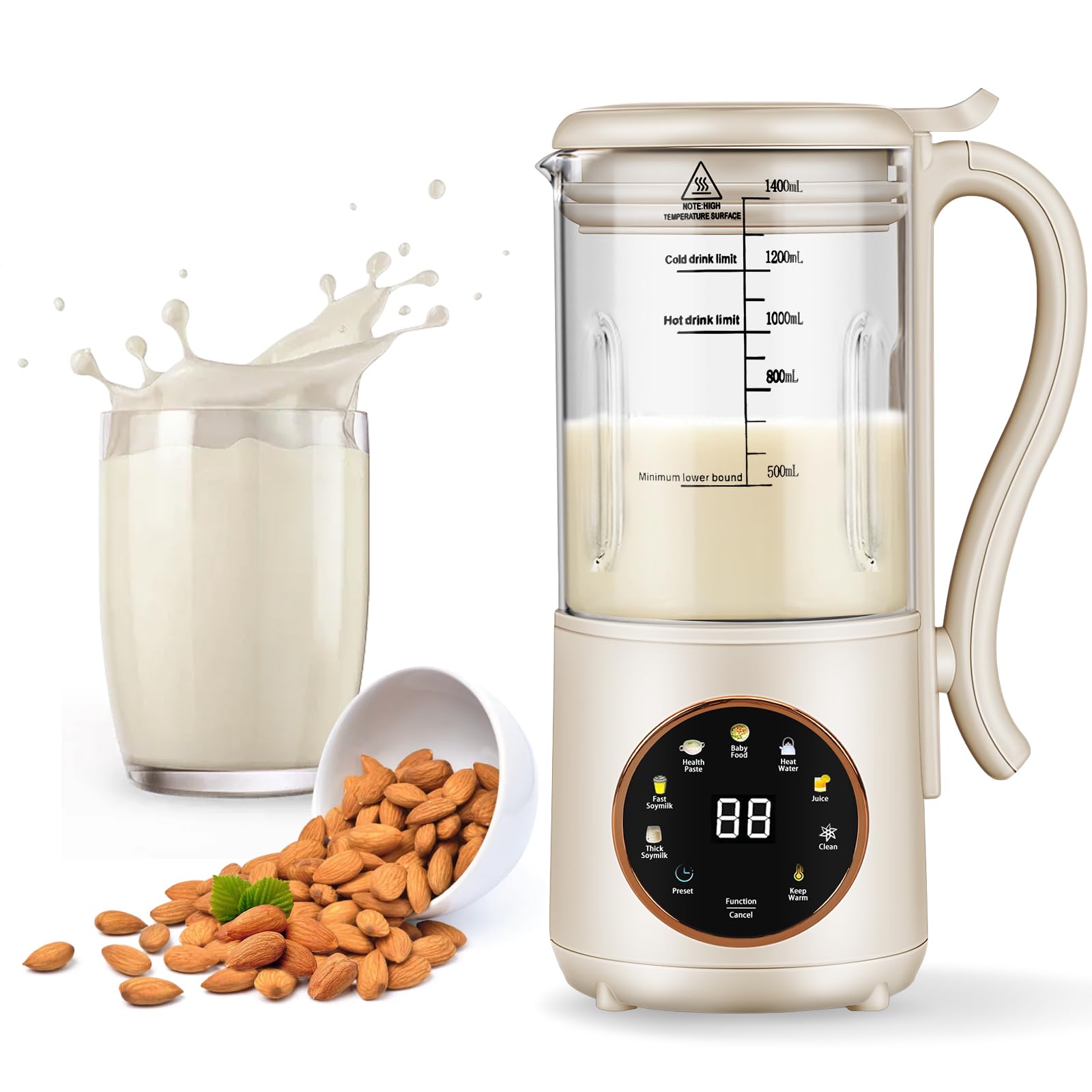 Automatic Nut Milk Maker Machine 47oz (1400ml) - Soy, Oat, Coconut, Almond & Plant-Based Milk Maker with Delay Start, Keep Warm & Boil Water - Perfect for Homemade Baby Food, Vegan Drinks & Healthy Breakfasts