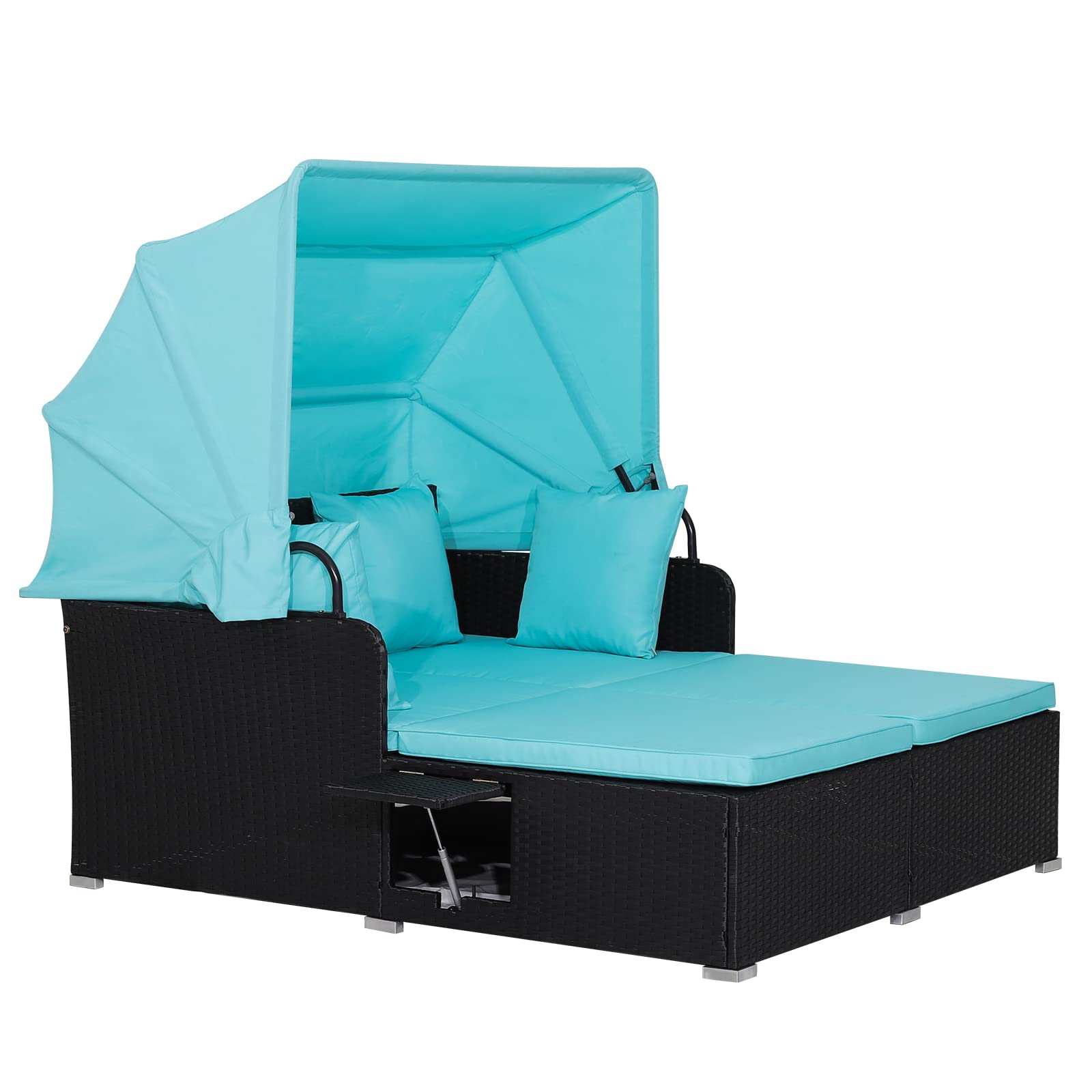 RELAX4LIFE Outdoor Patio Daybed with Canopy - Rattan Wicker Sunbed with Cushions, 4 Pillows & 2 Retractable Side Trays - 2-Person Lounge Bed for Poolside, Porch, Garden, Backyard - Perfect for Sunbathing and Relaxing (Turquoise)