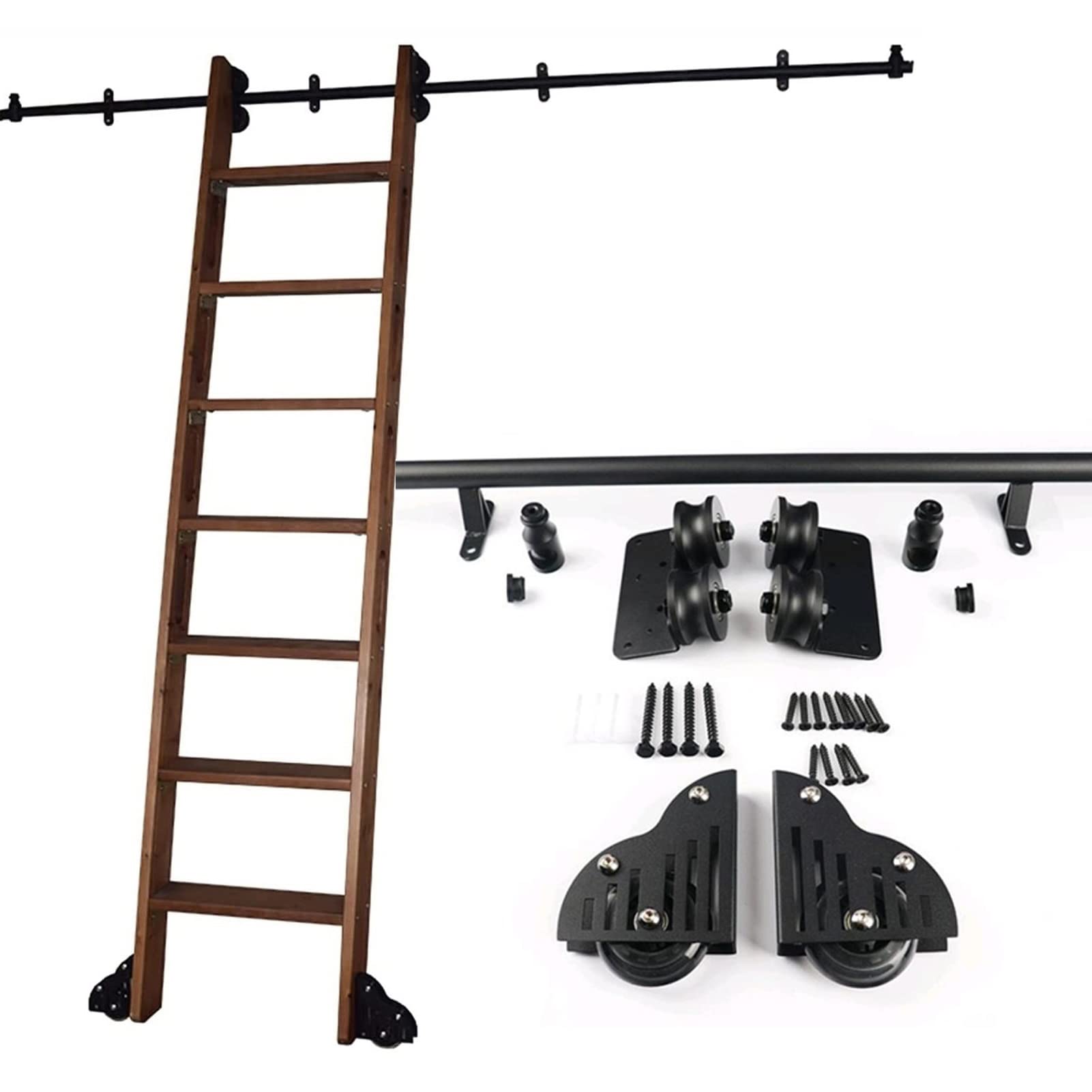 Heavy Duty Steel Sliding Ladder Kit - Rolling Barn Door Track System with Floor Roller Wheels for Closet, Home Office & Library (6.6ft/200cm Track Kit, Ladder Not Included) - Perfect for Loft Storage, Bookcase Access & Space-Saving Room Design