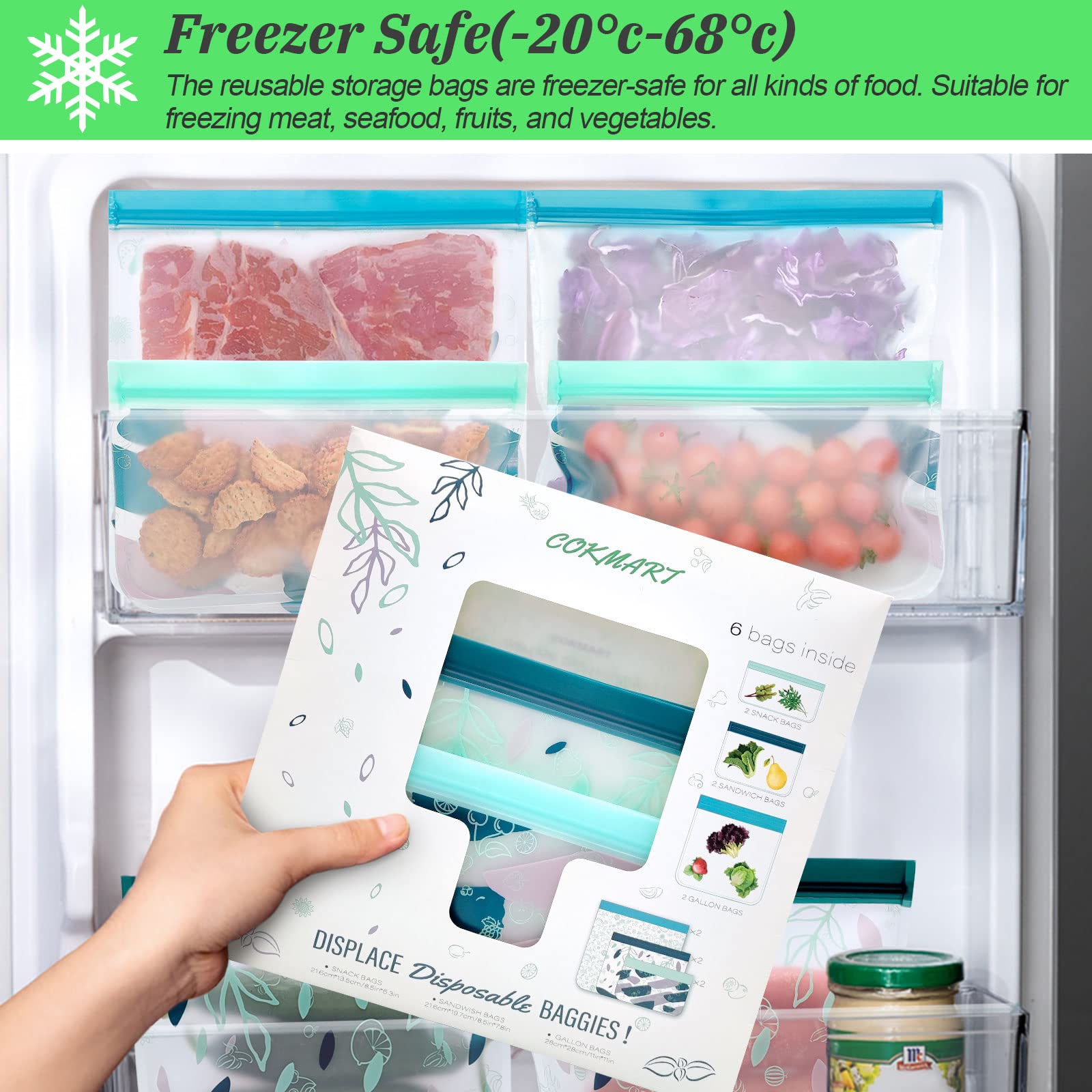 Eco-Friendly Reusable Silicone Food Storage Bags - Leakproof Freezer & Snack Bags for Kids, Travel & Home (2 Gallon, 2 Sandwich, 2 Snack Bags) | BPA Free | Perfect for Meal Prep, Picnics & School Lunches