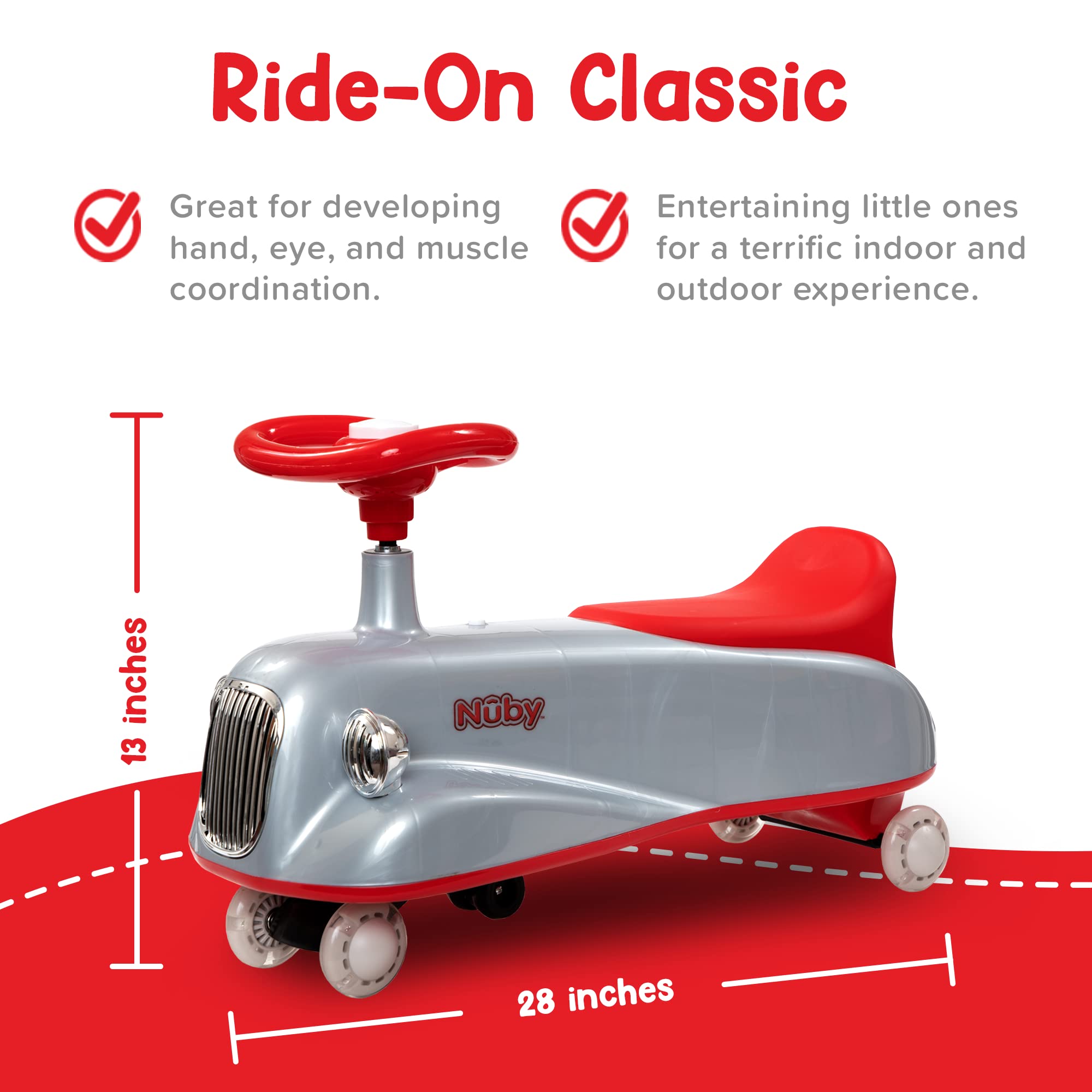 **Nuby Twist N Ride Classic Ride-On Car for Toddlers - Interactive Light-Up Scooter with Realistic Front & Back Lights & Music - Fun Riding Toy for Kids Ages 3+ (Red & Grey) - Perfect for Indoor Play, Outdoor Adventures & Birthday Gifts**