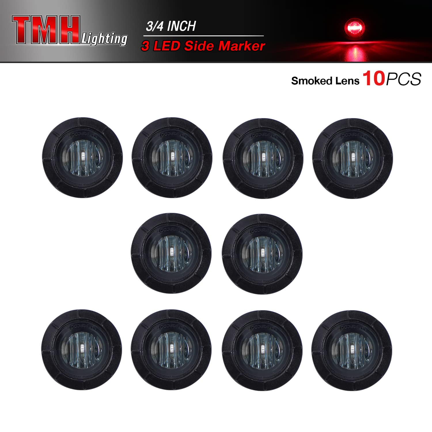 TMH 10-Pack 3/4 Inch Smoked Lens Red LED Clearance Marker Lights - Side Marker Lights for Trucks, Trailers & Vehicles - Waterproof & Durable for Road Safety & Night Visibility