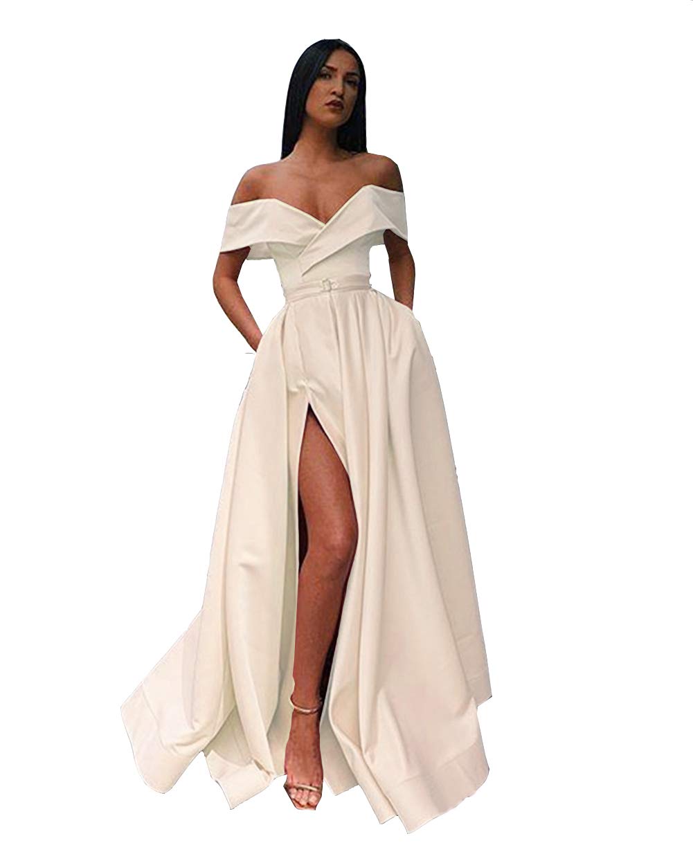 Emanni Women's Off Shoulder Long Side Slit Satin Prom Dress A-Line Evening Gown Formal Party Dress in Beige - Perfect for Homecoming, Wedding Guest, Cocktail Party & Special Occasions
