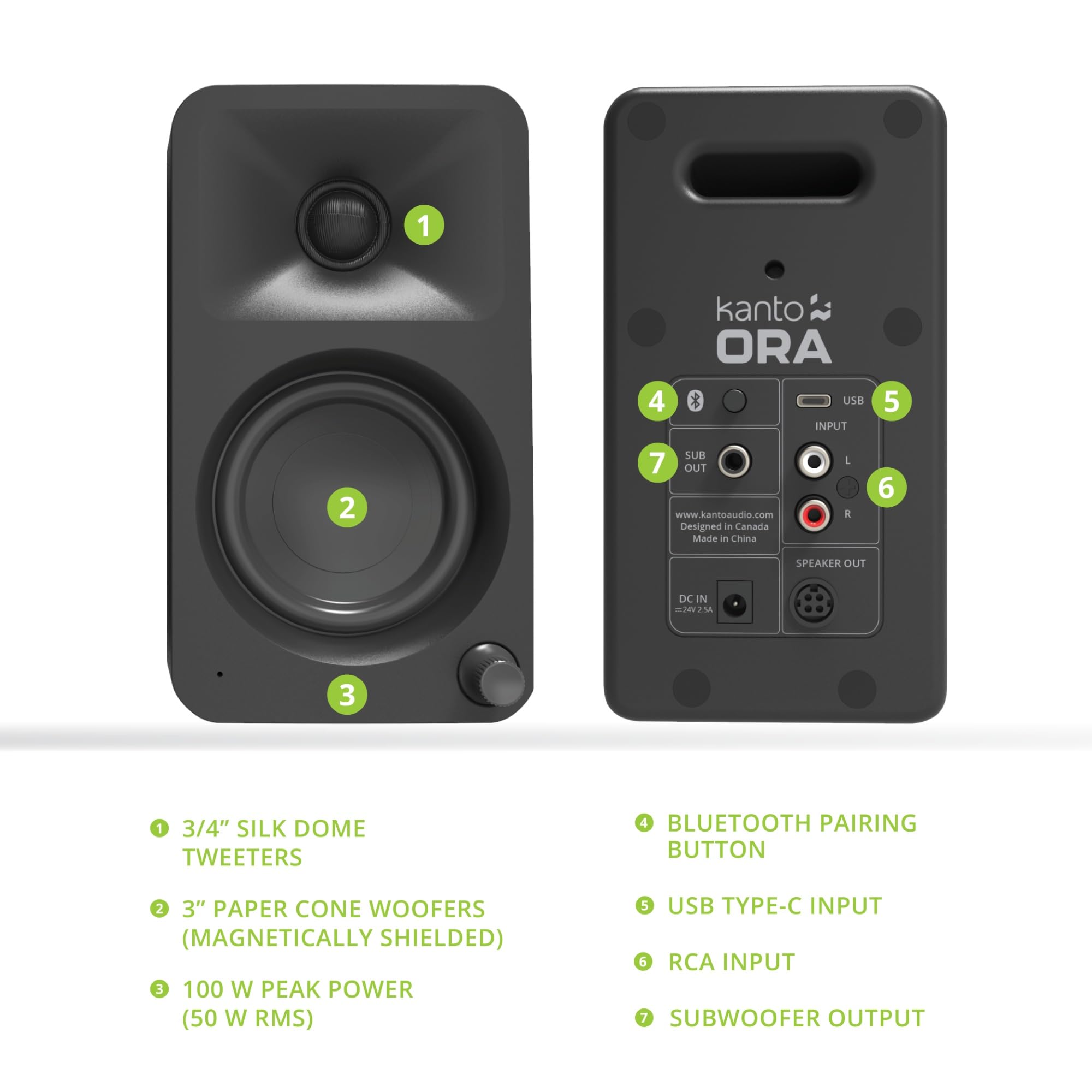 Kanto ORAMB 100W Bluetooth 5.0 Computer Speakers with USB-C Input - Bi-Amplified Desktop Audio System | 100Hz Auto Crossover | Studio Monitor Sound Quality | Perfect for Gaming, Music Production & Home Office (Black)