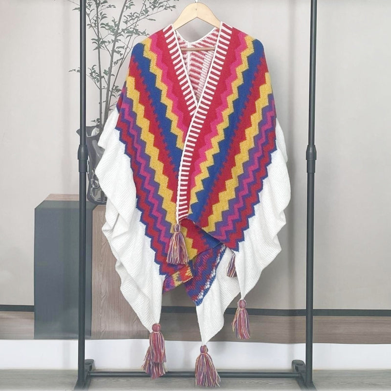 Stylish Long Wool Knitted Cape - Ethnic Inspired Winter Shawl Wrap for Women | Perfect for Outdoor Events, Parties & Cold Weather Fashion