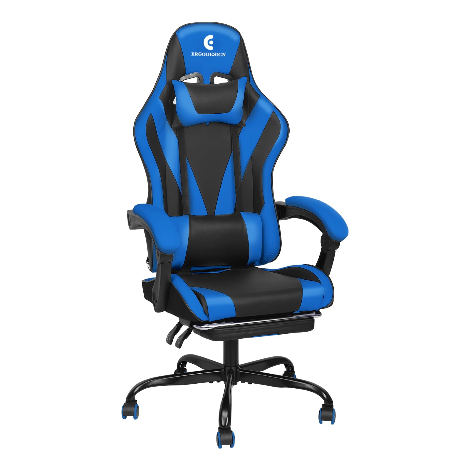 Premium Gaming Chair with Adjustable Linkage Armrest & Footrest - Ergonomic High Back Video Game Chair for PC & Console Gamers - Black & Blue - Perfect for Esports, Streaming & Long Gaming Sessions