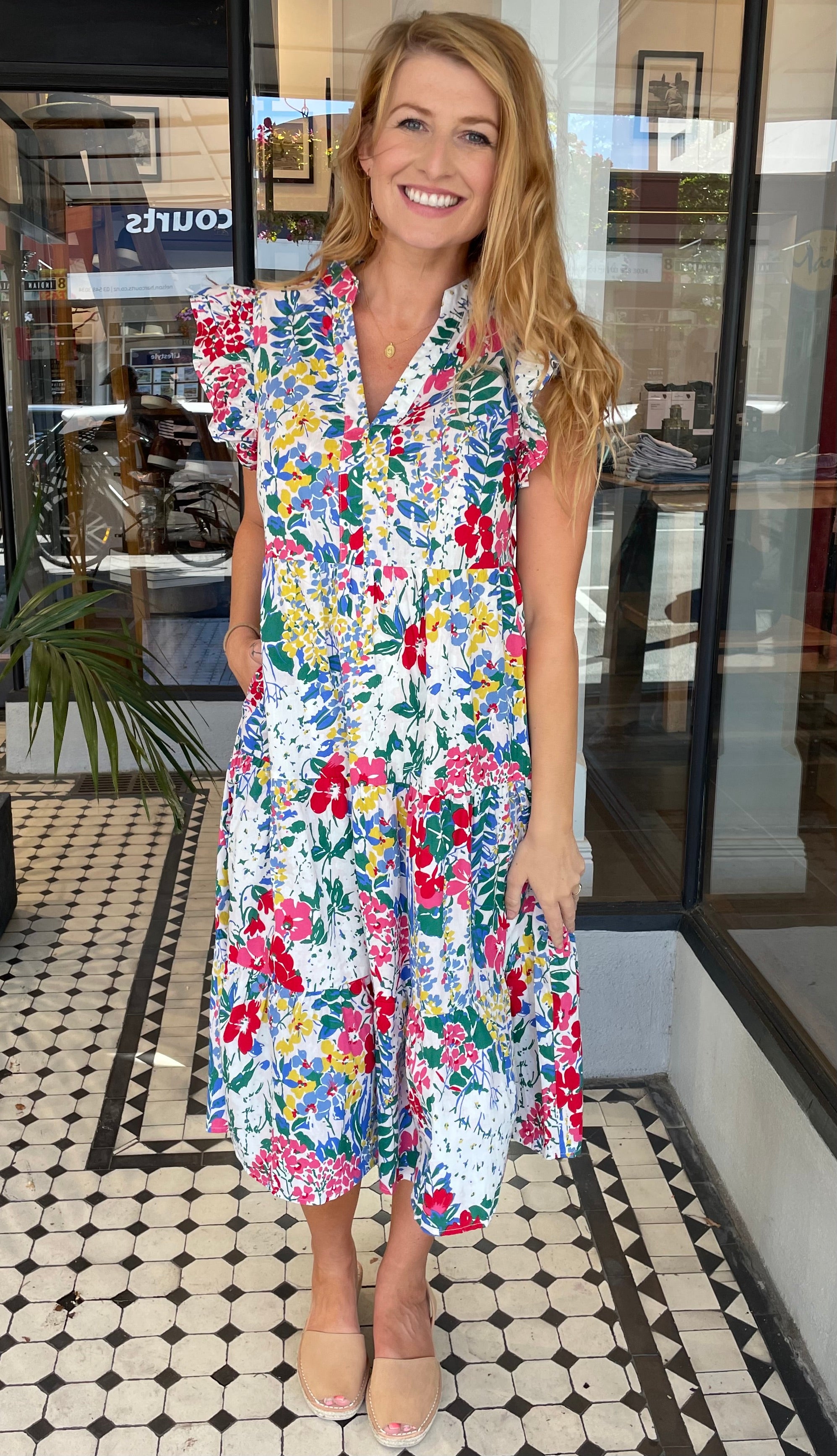 Jules Floral V-Neck Tiered Midi Dress in Off White - Perfect for Summer Weddings, Garden Parties & Casual Outings
