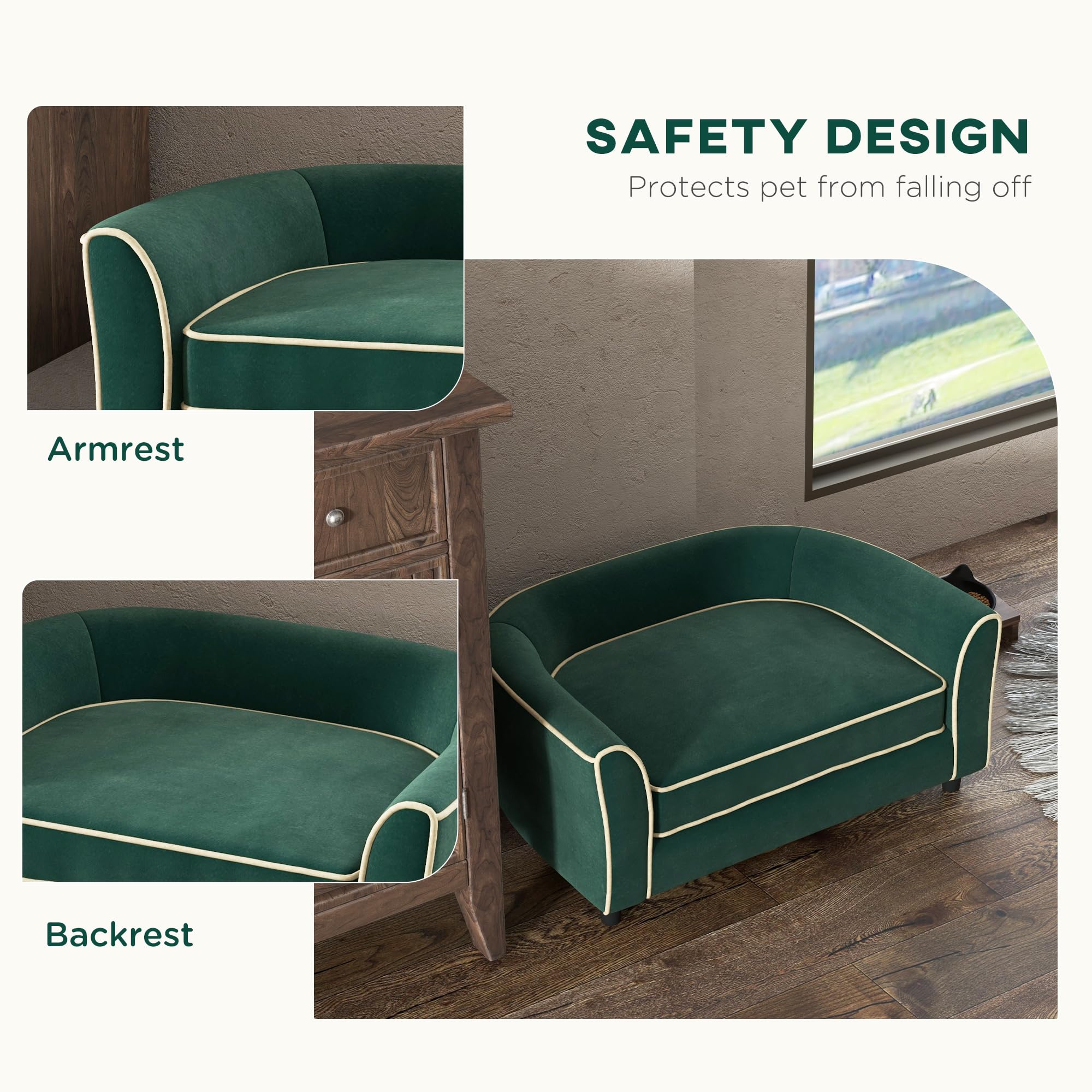 PawHut Modern Dog Sofa Bed for Small & Medium Dogs - Soft Cushion with Washable Removable Cover, Dark Green - Cozy Pet Couch for Living Room, Bedroom & Apartment