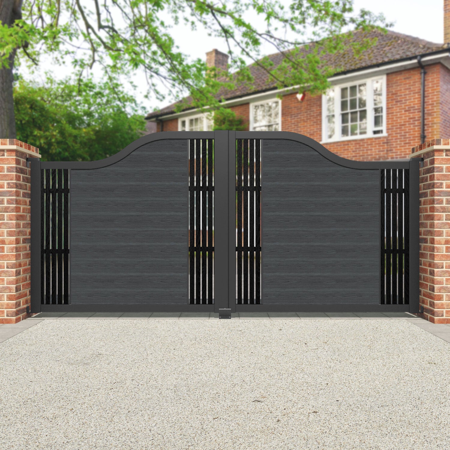 Classic Aspen Curved Top Driveway Gate - Dark Grey with Middle & End Screen | Premium Driveway Entrance Solution for Homes & Estates