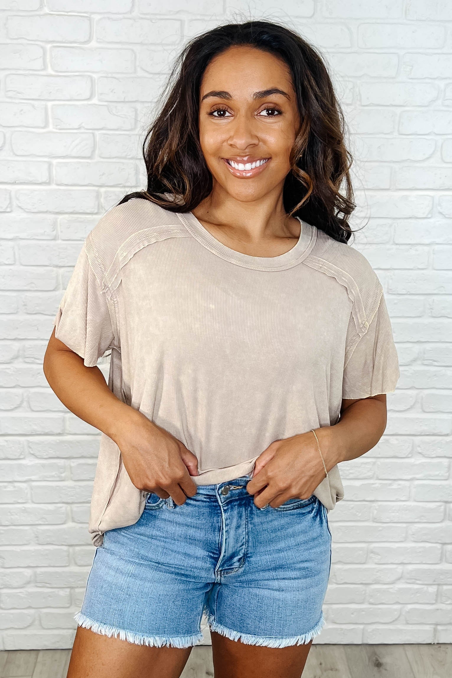 Easy Style Basic Mineral Wash Top in Ash Mocha - Soft & Comfortable Women's Casual T-Shirt for Everyday Wear, Work & Weekend Outfits