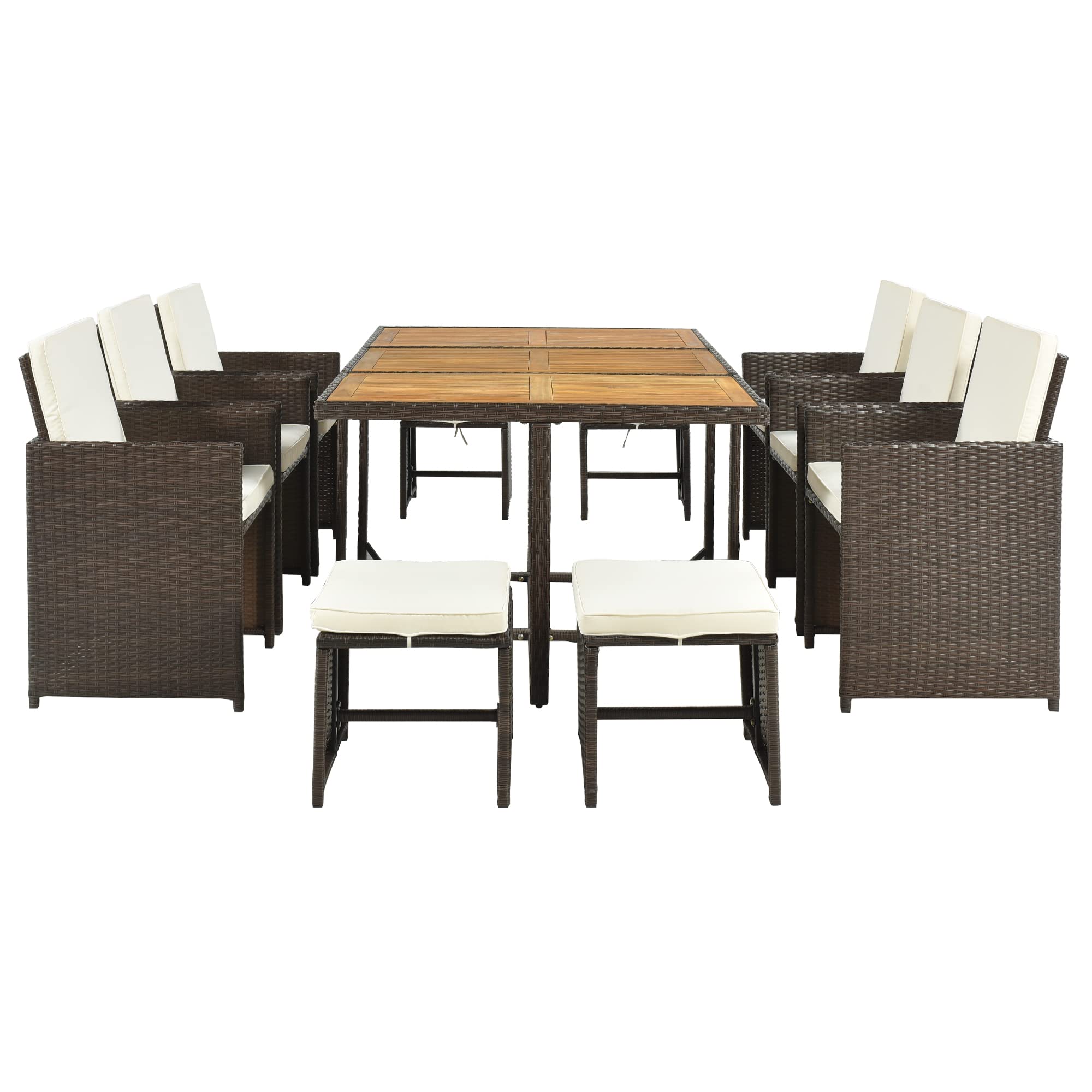 Premium 11-Piece Patio Dining Table Set - Outdoor Wicker Rattan Furniture with Cushions (Brown & Beige) - Perfect for Backyard BBQs, Poolside Gatherings & Garden Entertaining