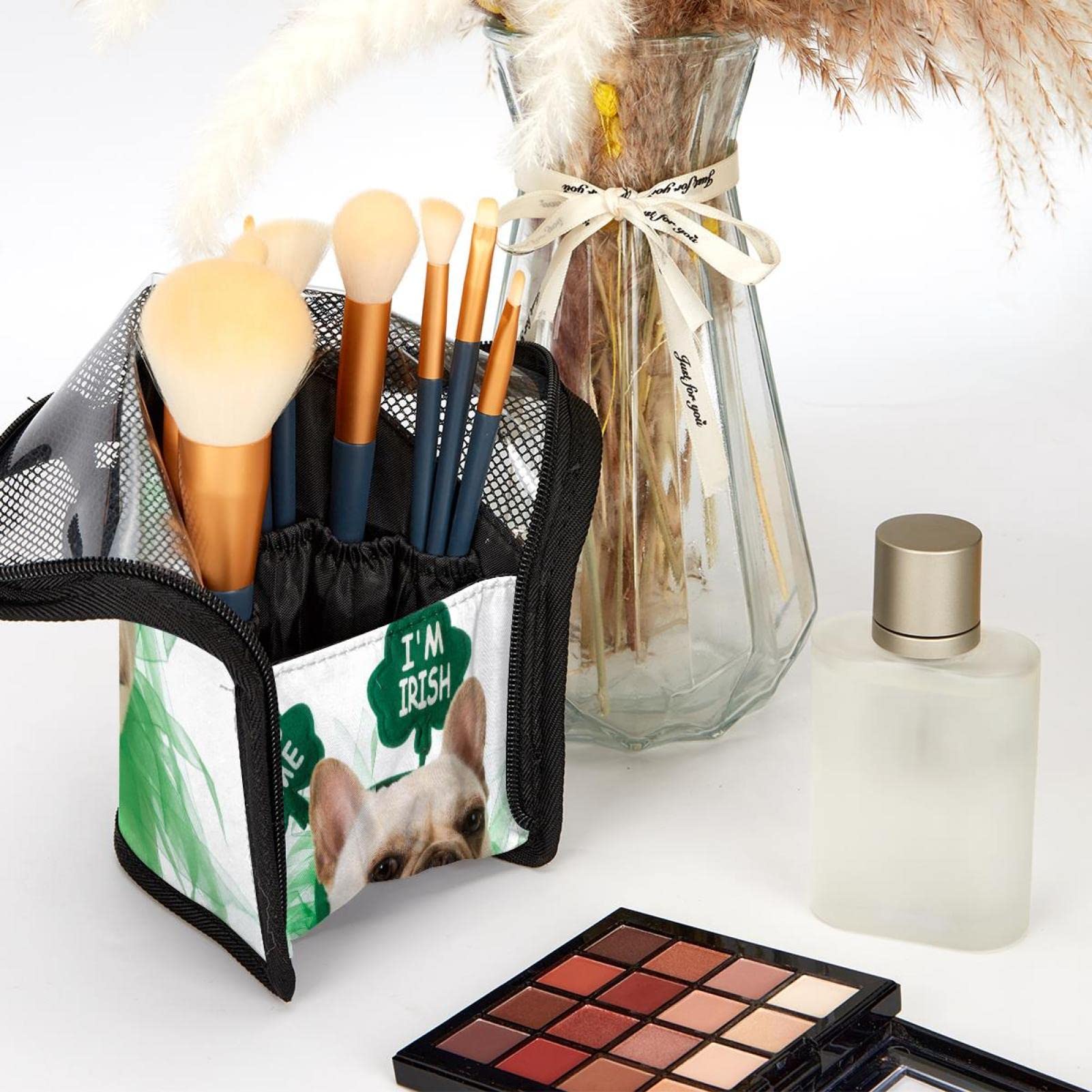 Portable Makeup Brush Organizer Bag with 12 Slots - Cute Bulldog Kiss Design Cosmetic Brush Holder Case for Travel & Home Storage