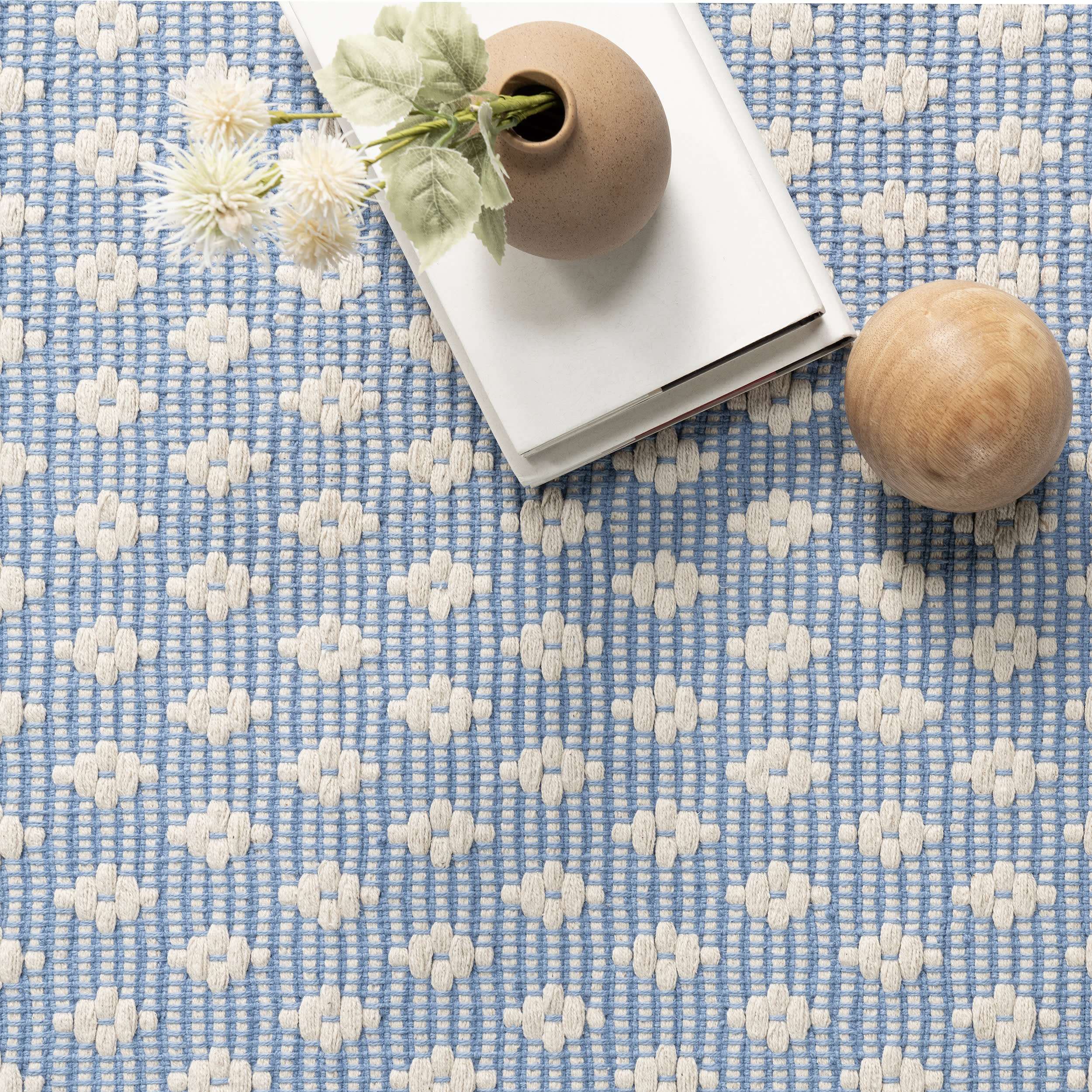 Handwoven Cotton Rug with Dainty Diamond Pattern - Soft & Durable Blue Area Rug for Living Room, Bedroom, or Nursery Decor