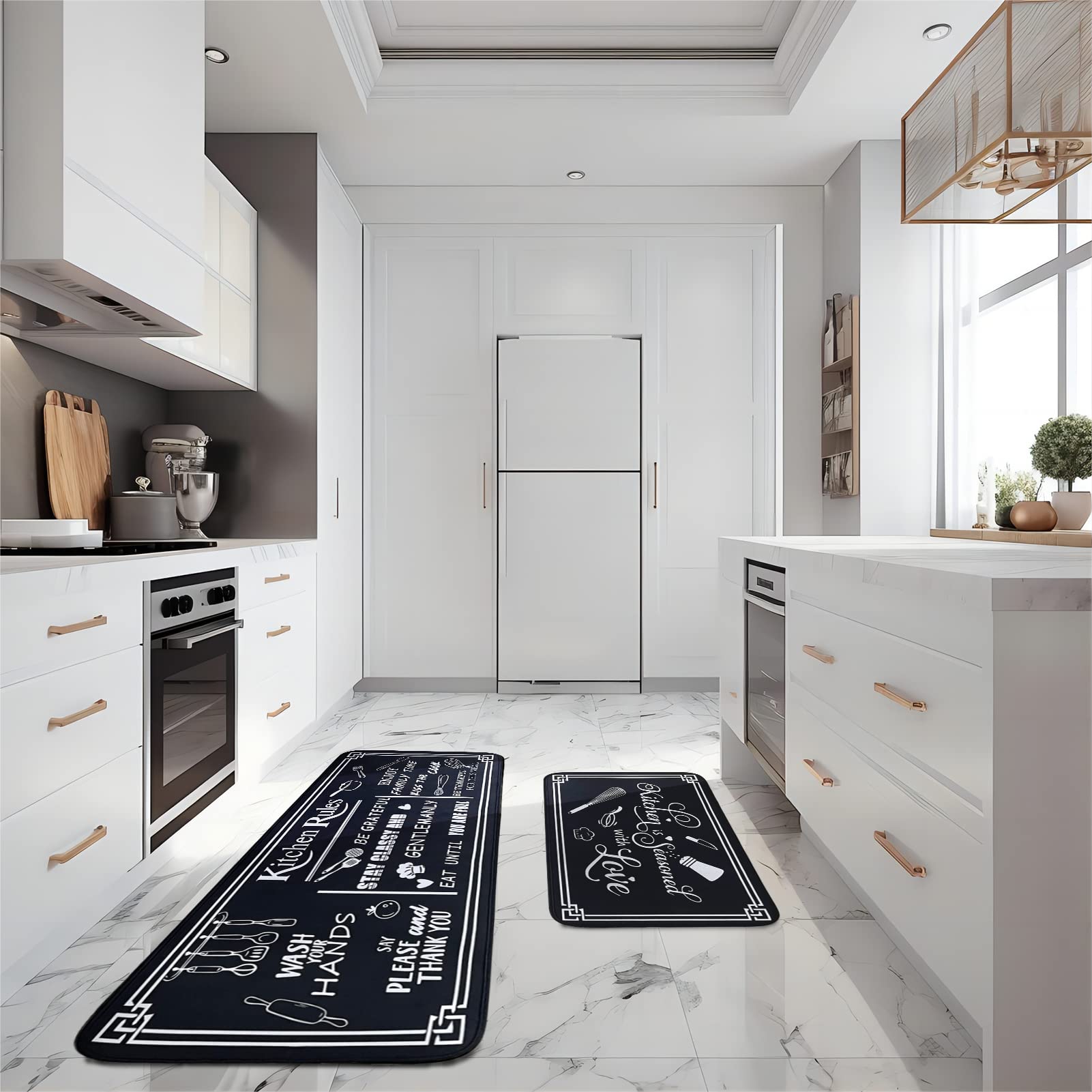 Non-Slip Washable Microfiber Kitchen Rugs Set of 2 - Black & White Kitchen Rules Themed Floor Mats (17